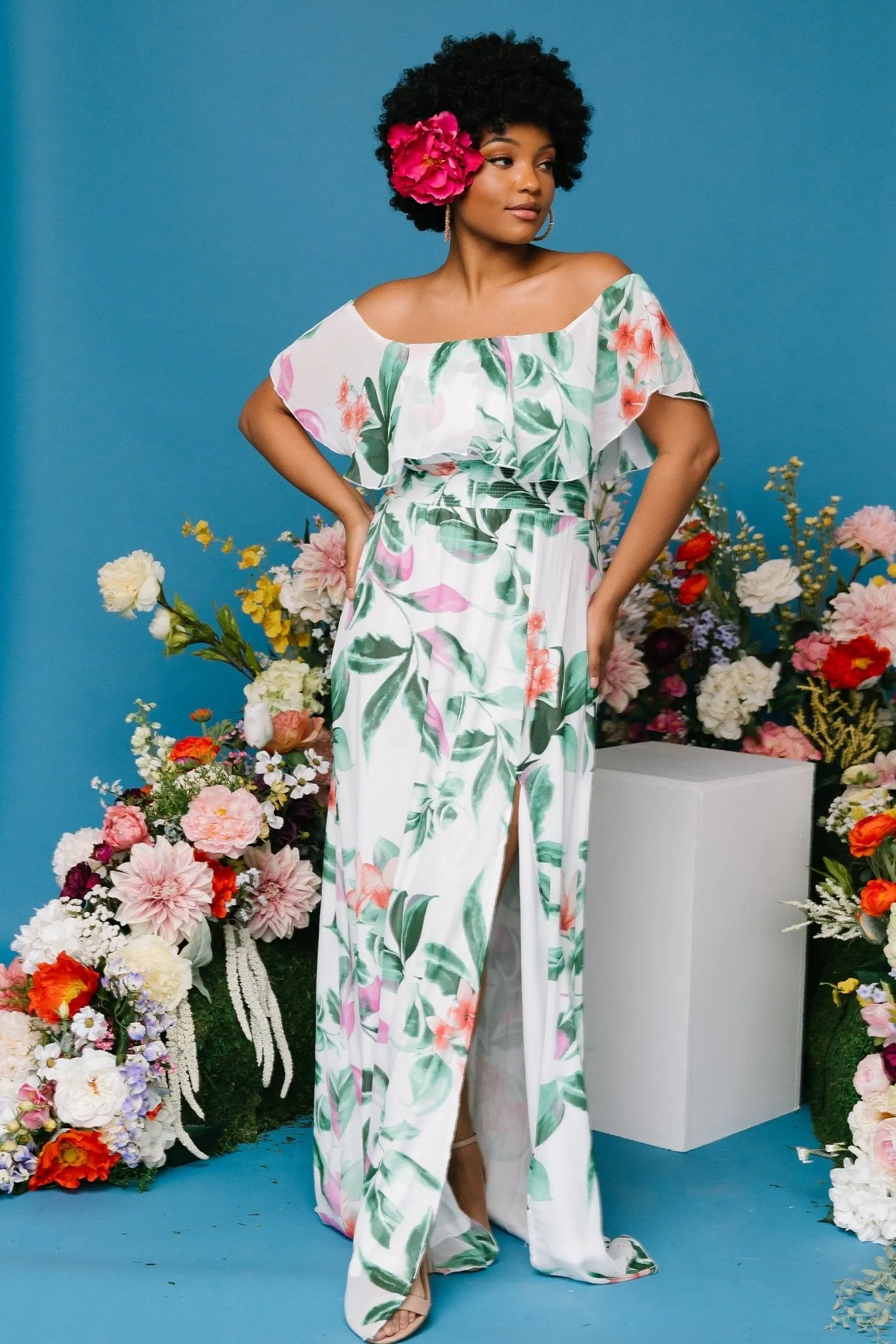 Daphne Off Shoulder Maxi Dress | White   Green Multi Floral