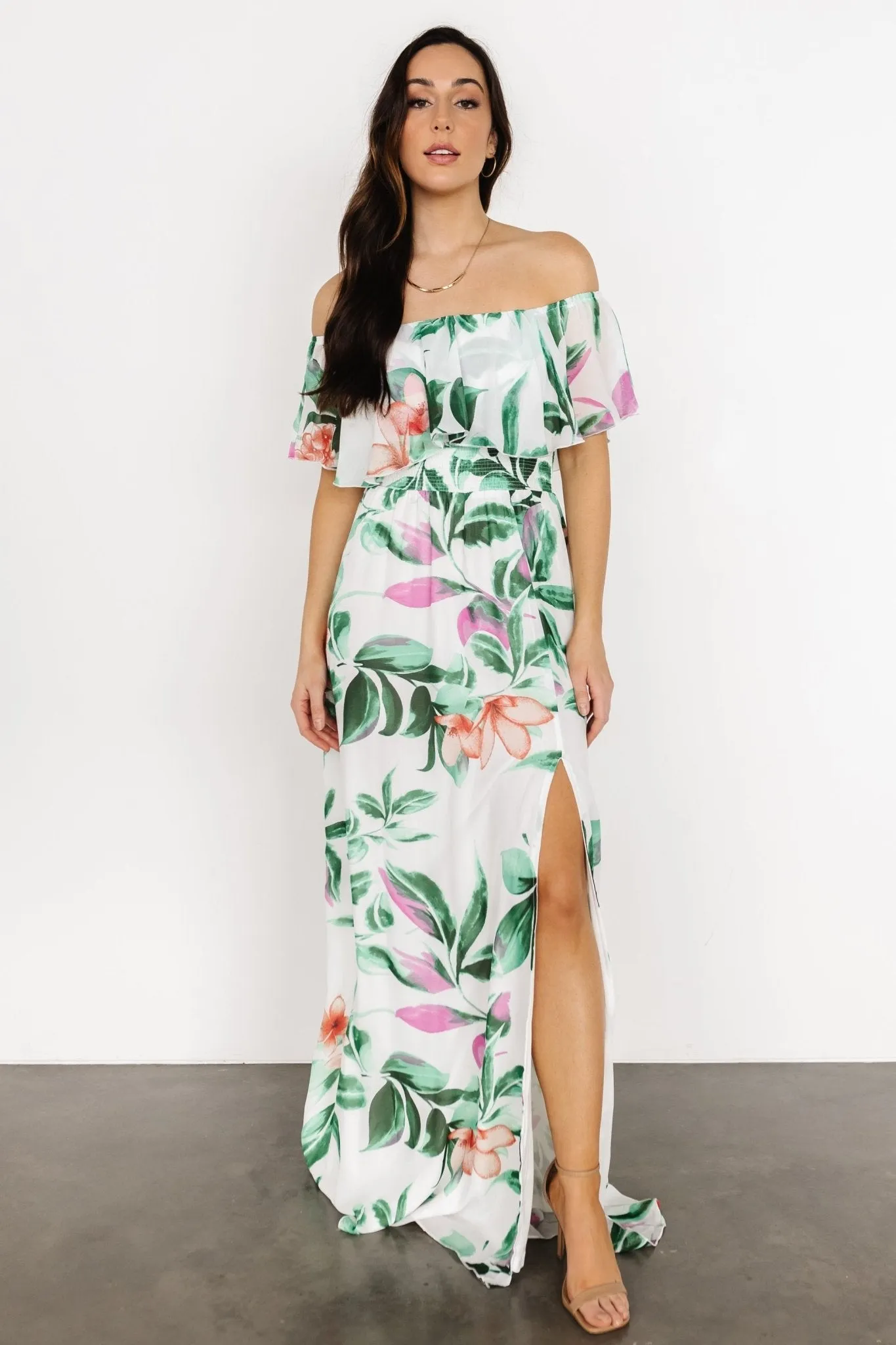 Daphne Off Shoulder Maxi Dress | White   Green Multi Floral