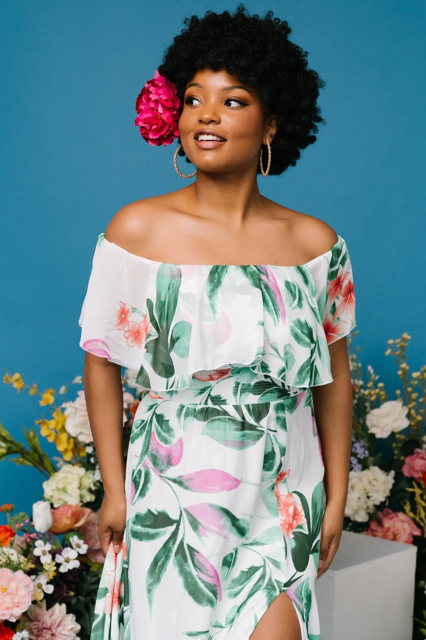 Daphne Off Shoulder Maxi Dress | White   Green Multi Floral