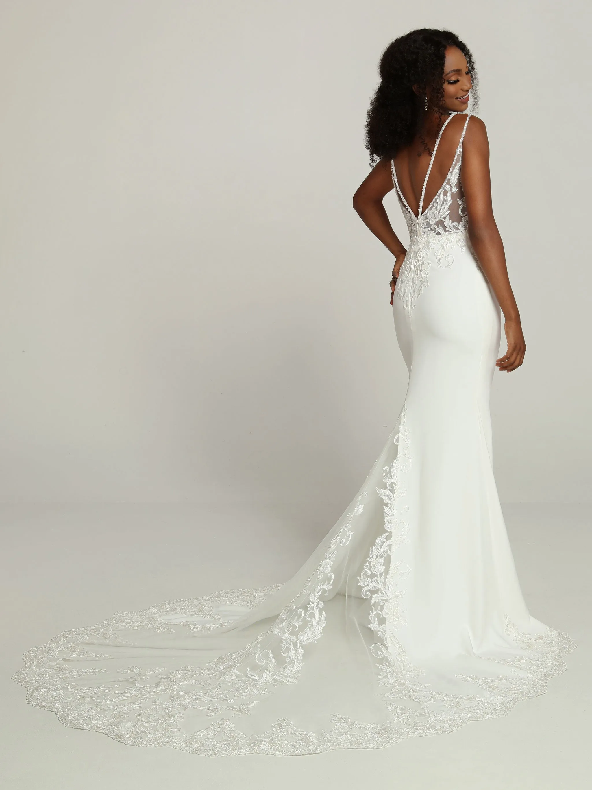 Davinci Bridal 50708 Fitted Satin Lace Wedding Dress Sheer Train Bridal Gown Beaded