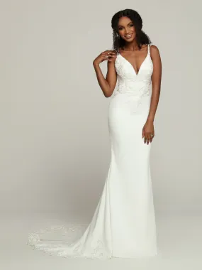Davinci Bridal 50708 Fitted Satin Lace Wedding Dress Sheer Train Bridal Gown Beaded