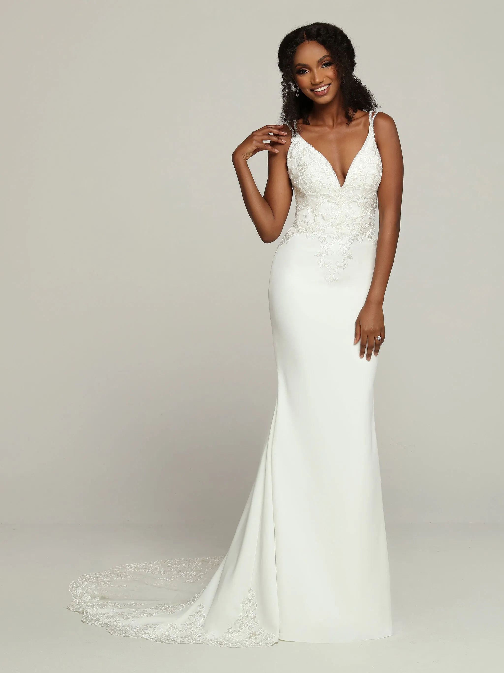 Davinci Bridal 50708 Fitted Satin Lace Wedding Dress Sheer Train Bridal Gown Beaded