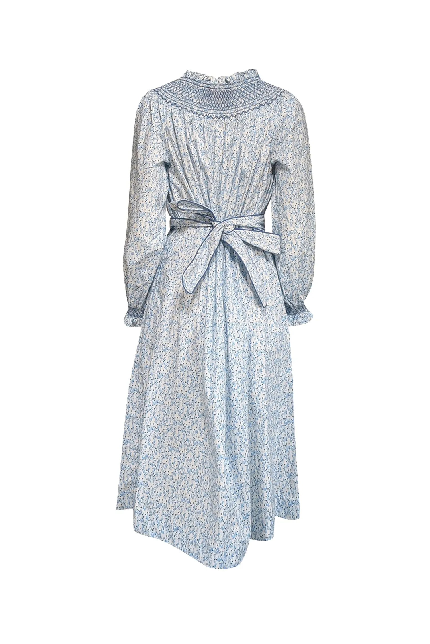 Dondolo - White & Blue Floral Print Cotton Midi Dress w/ Smocked High Neck Sz S