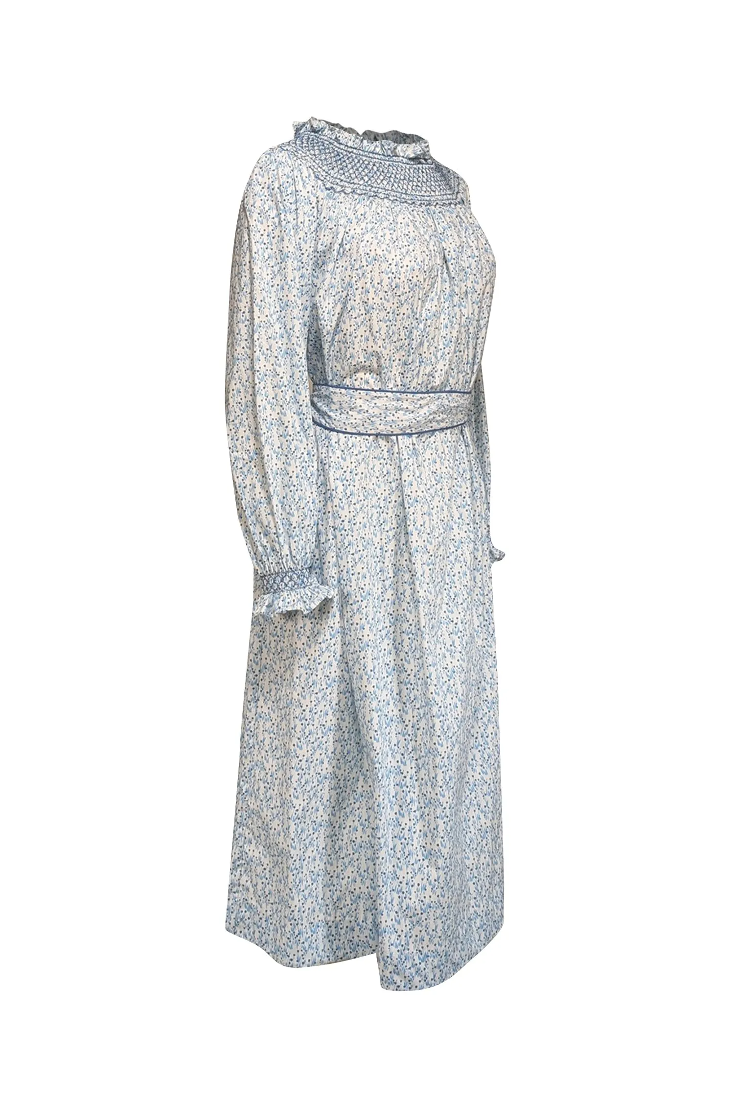 Dondolo - White & Blue Floral Print Cotton Midi Dress w/ Smocked High Neck Sz S