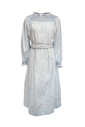 Dondolo - White & Blue Floral Print Cotton Midi Dress w/ Smocked High Neck Sz S