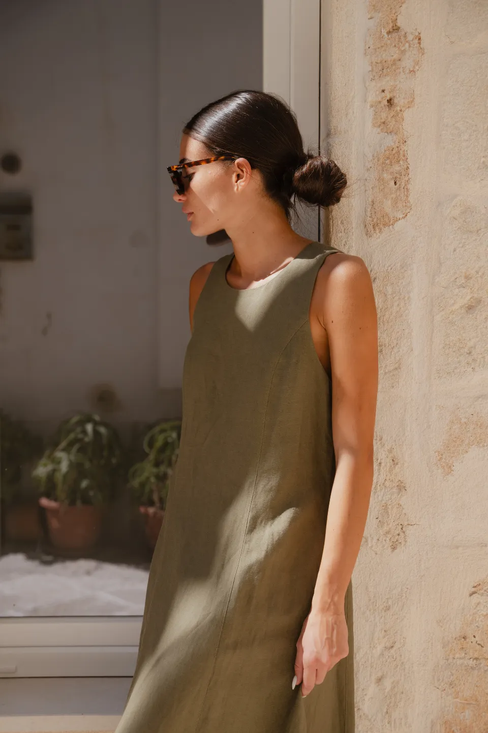 Easygoing Khaki Linen Blend Sleeveless Crew Neck Midi Dress