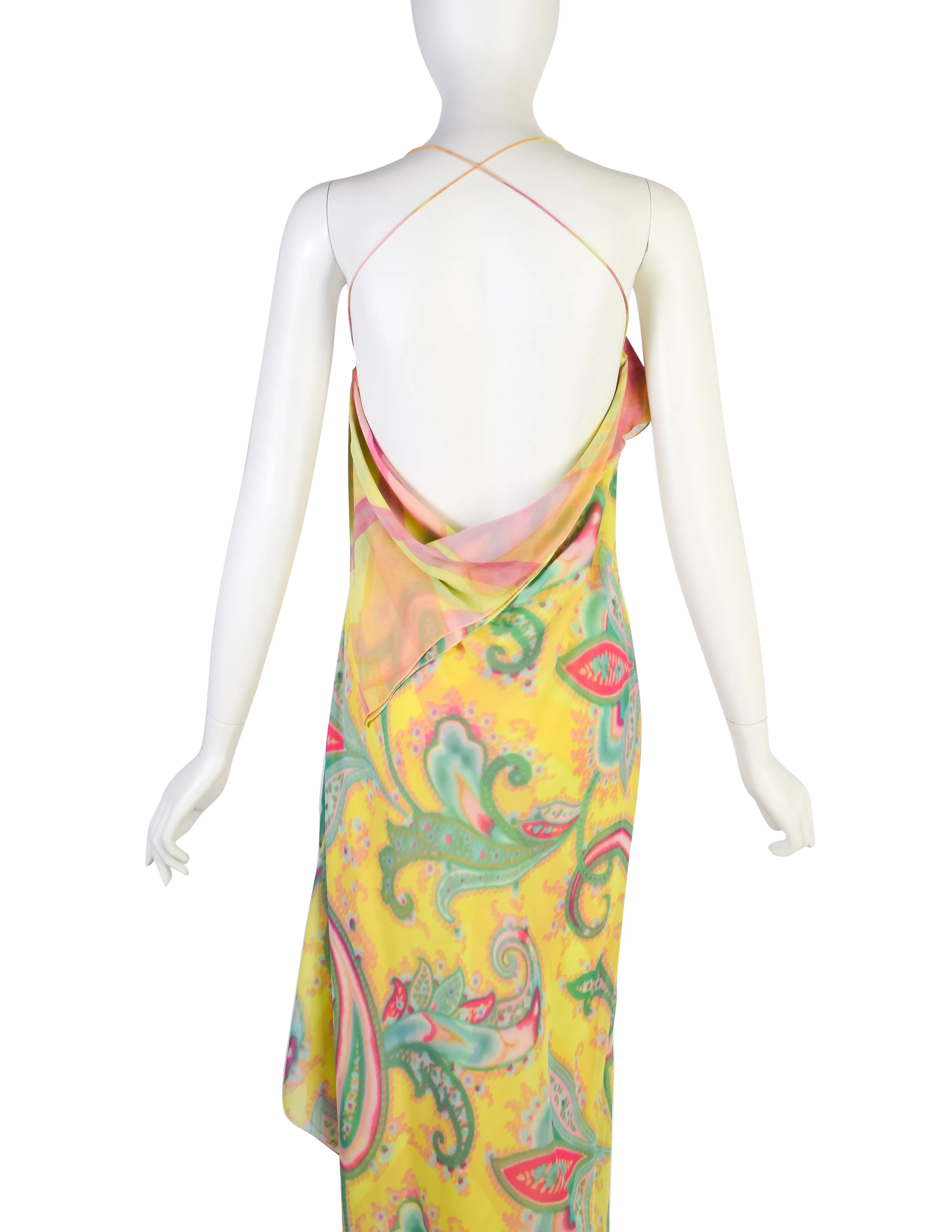 Emanuel Ungaro Vintage SS 2000 Silk Chartreuse Airbrush Paisley Bias Asymmetrical Dress
