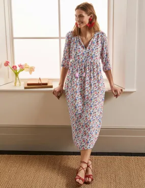 Empire-waist Midi Dress-Ivory, Enchanting Floral