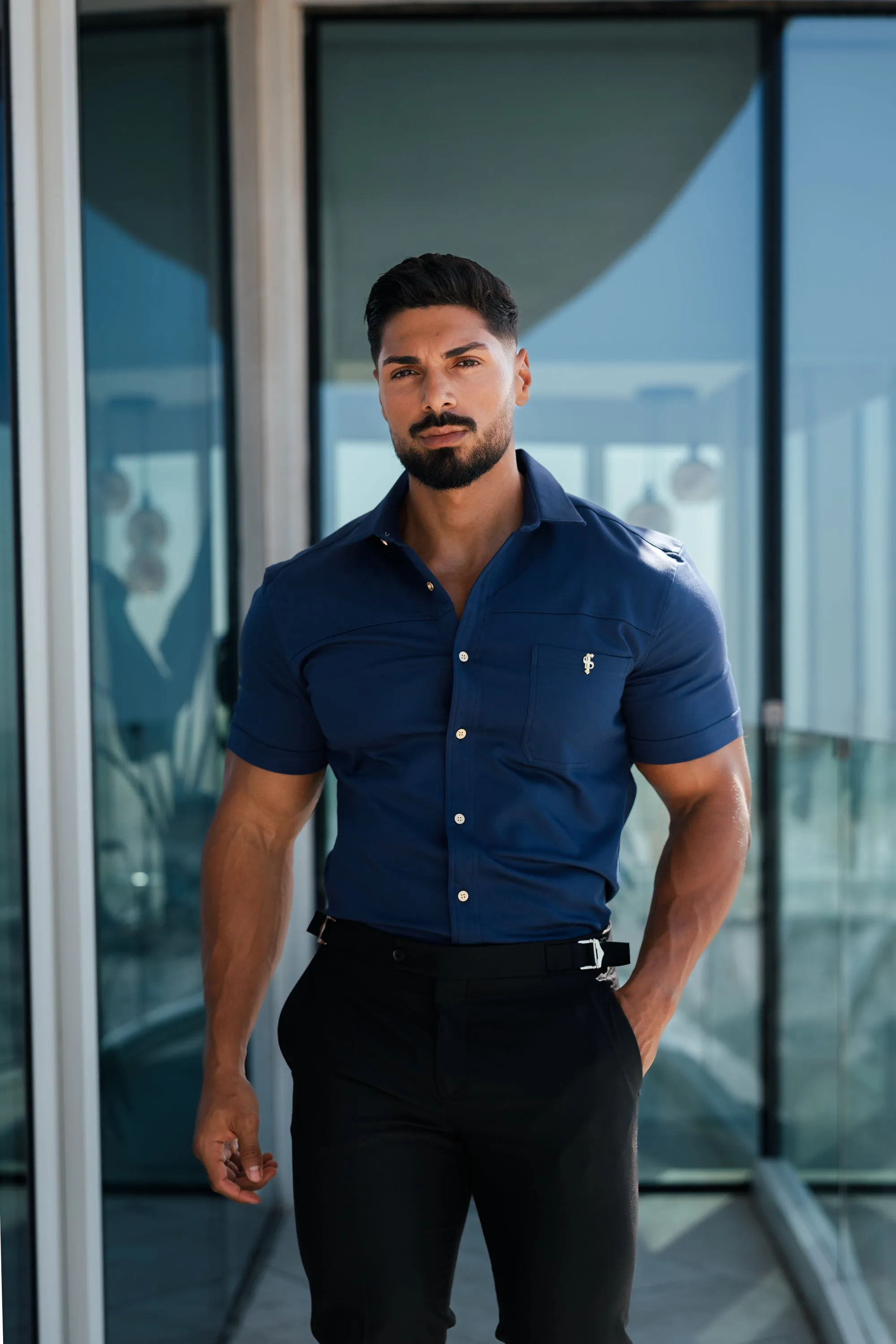 Father Sons Slim Formal Black Stretch Trousers With Silver Waist Adjusters - FST013
