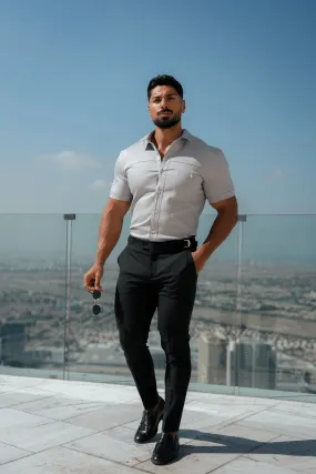 Father Sons Slim Formal Black Stretch Trousers With Silver Waist Adjusters - FST013