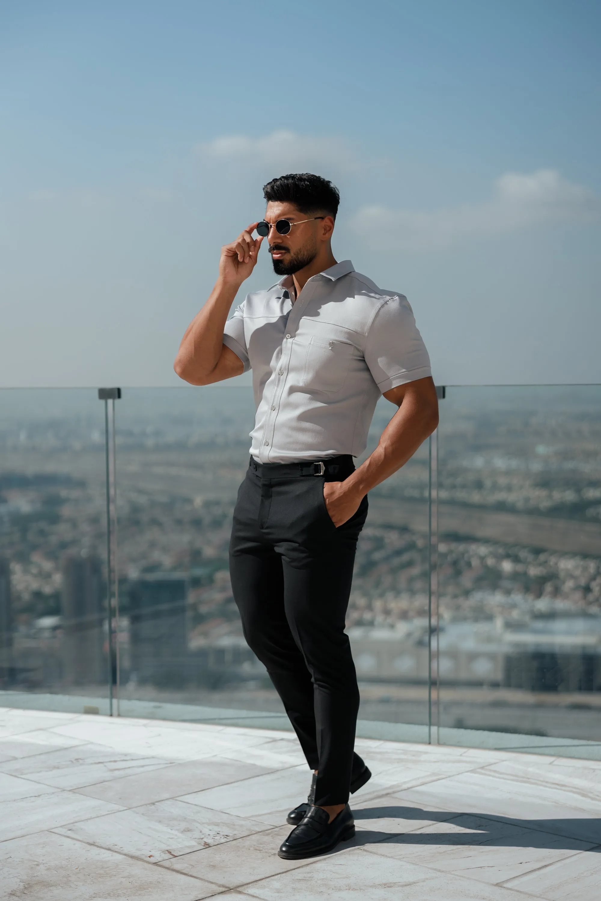 Father Sons Slim Formal Black Stretch Trousers With Silver Waist Adjusters - FST013
