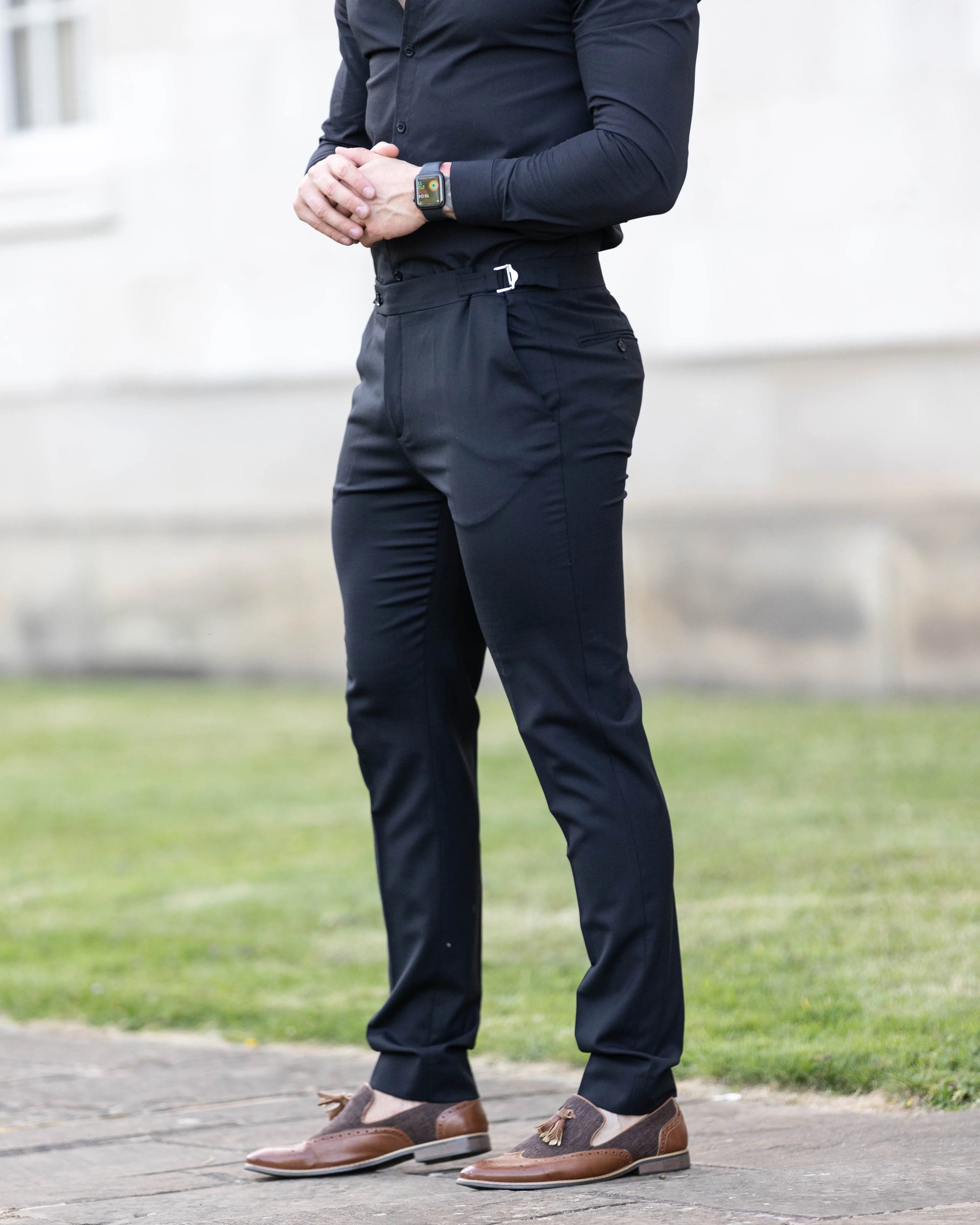 Father Sons Slim Formal Black Stretch Trousers With Silver Waist Adjusters - FST013