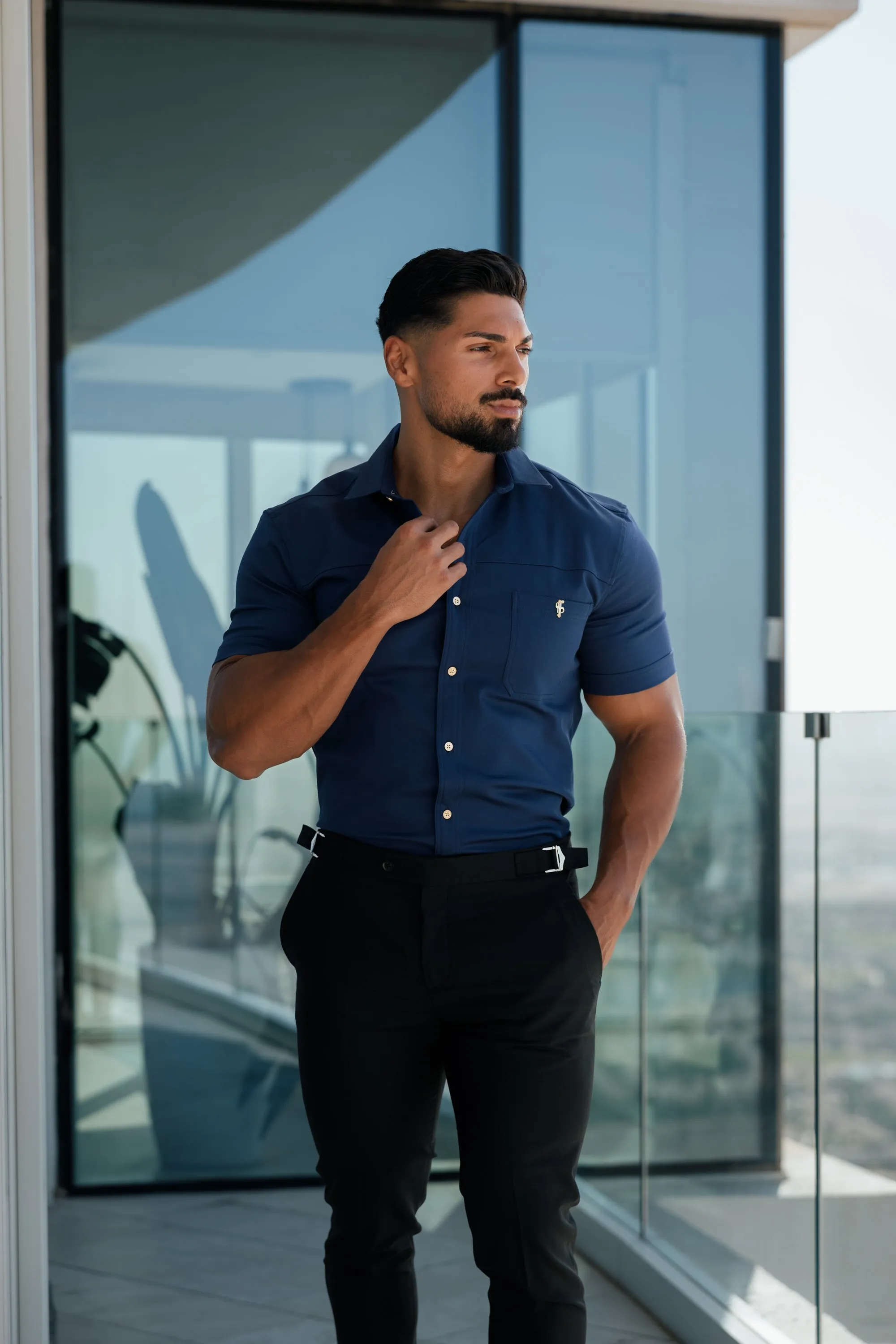 Father Sons Slim Formal Black Stretch Trousers With Silver Waist Adjusters - FST013