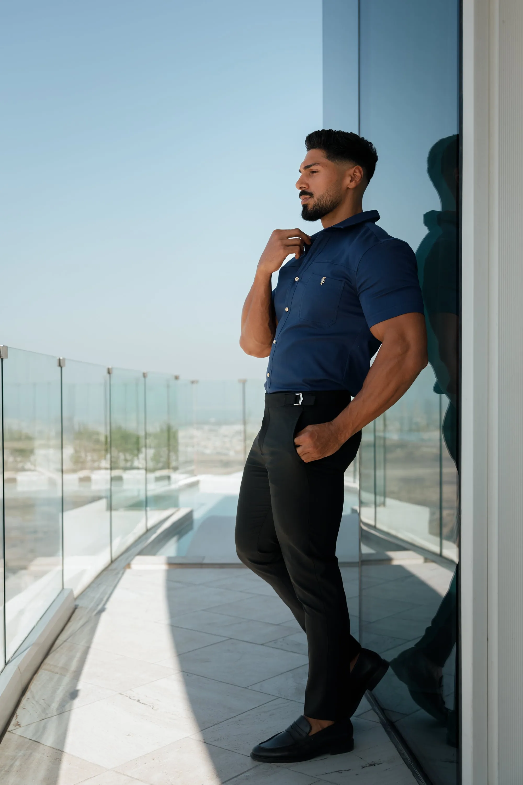 Father Sons Slim Formal Black Stretch Trousers With Silver Waist Adjusters - FST013