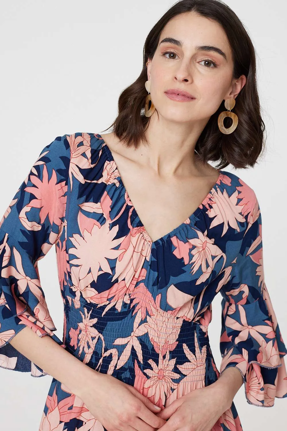 Floral 3/4 Sleeve Ruffled Midi Dress