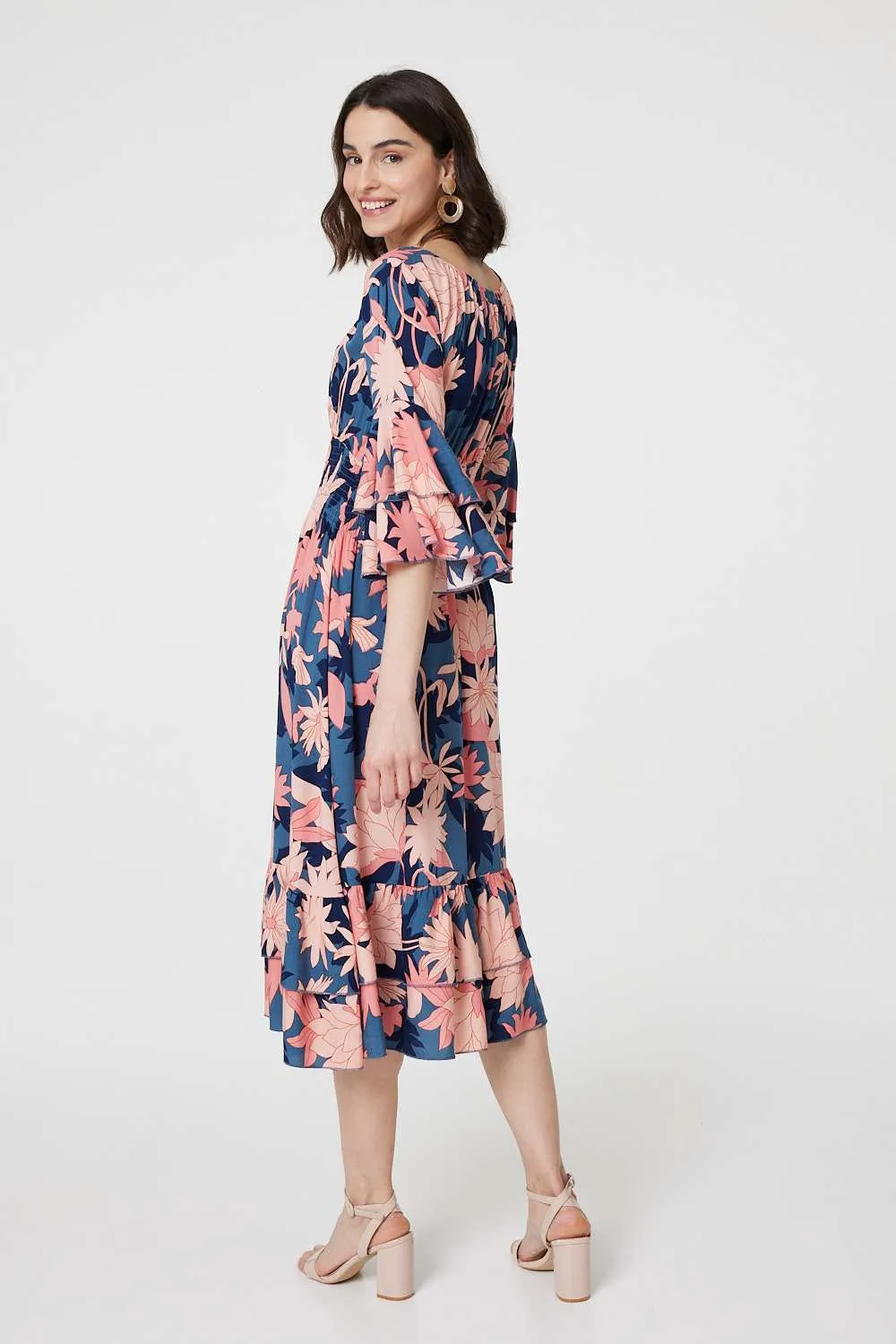 Floral 3/4 Sleeve Ruffled Midi Dress