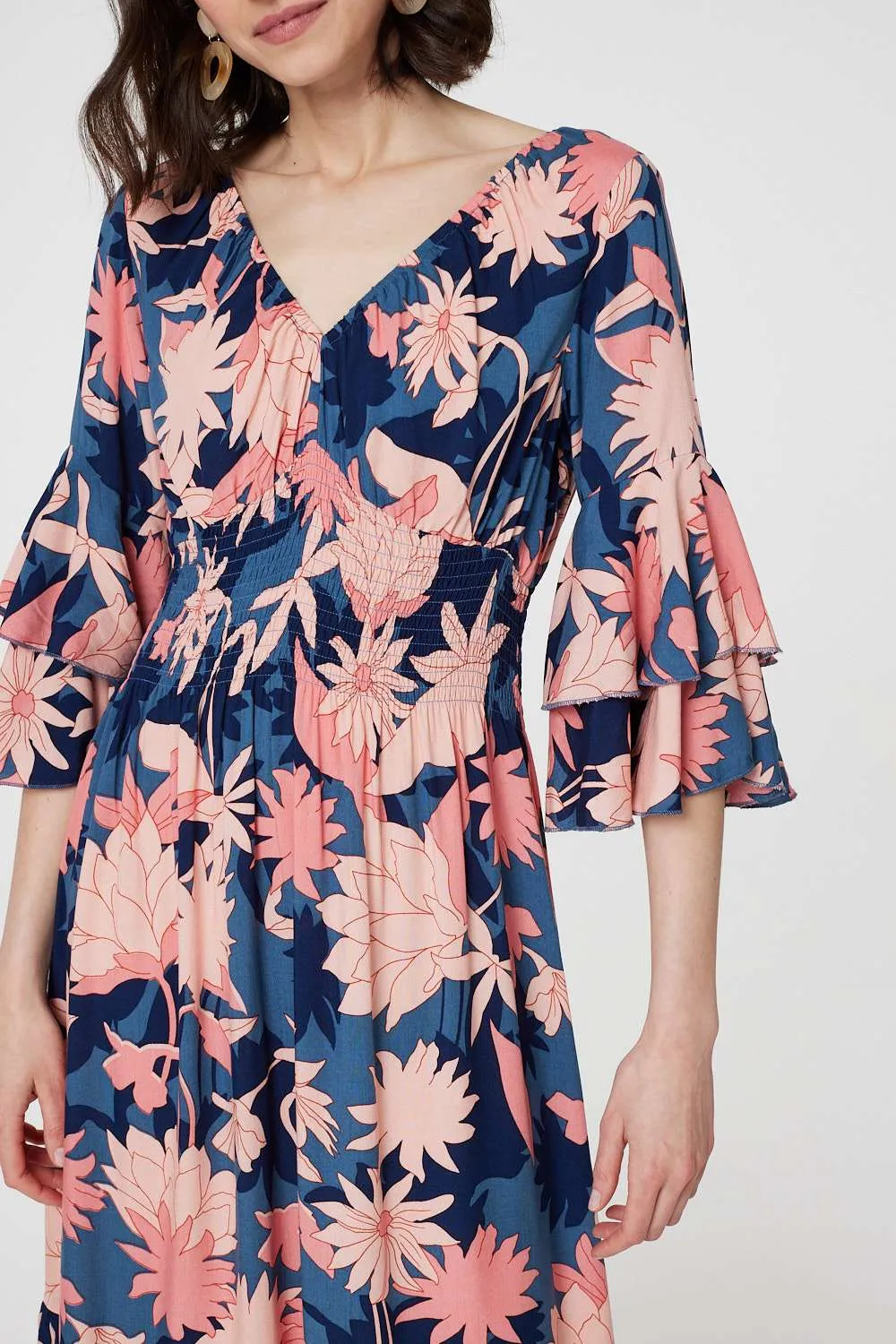 Floral 3/4 Sleeve Ruffled Midi Dress