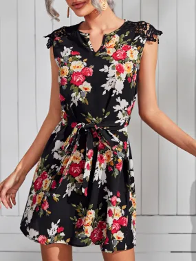 Floral Belted Sleeveless Notched Straight Natural Short Dress