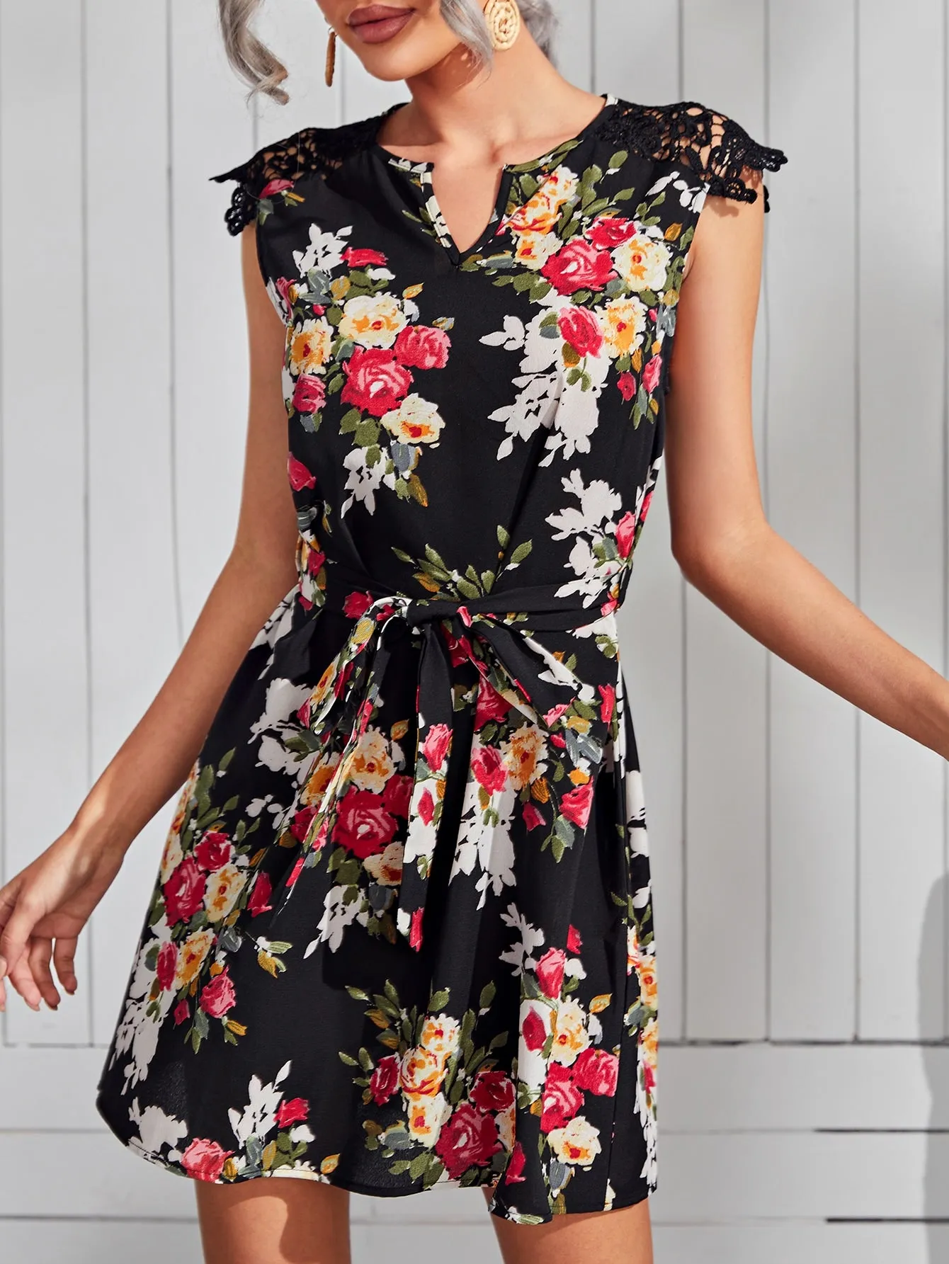 Floral Belted Sleeveless Notched Straight Natural Short Dress