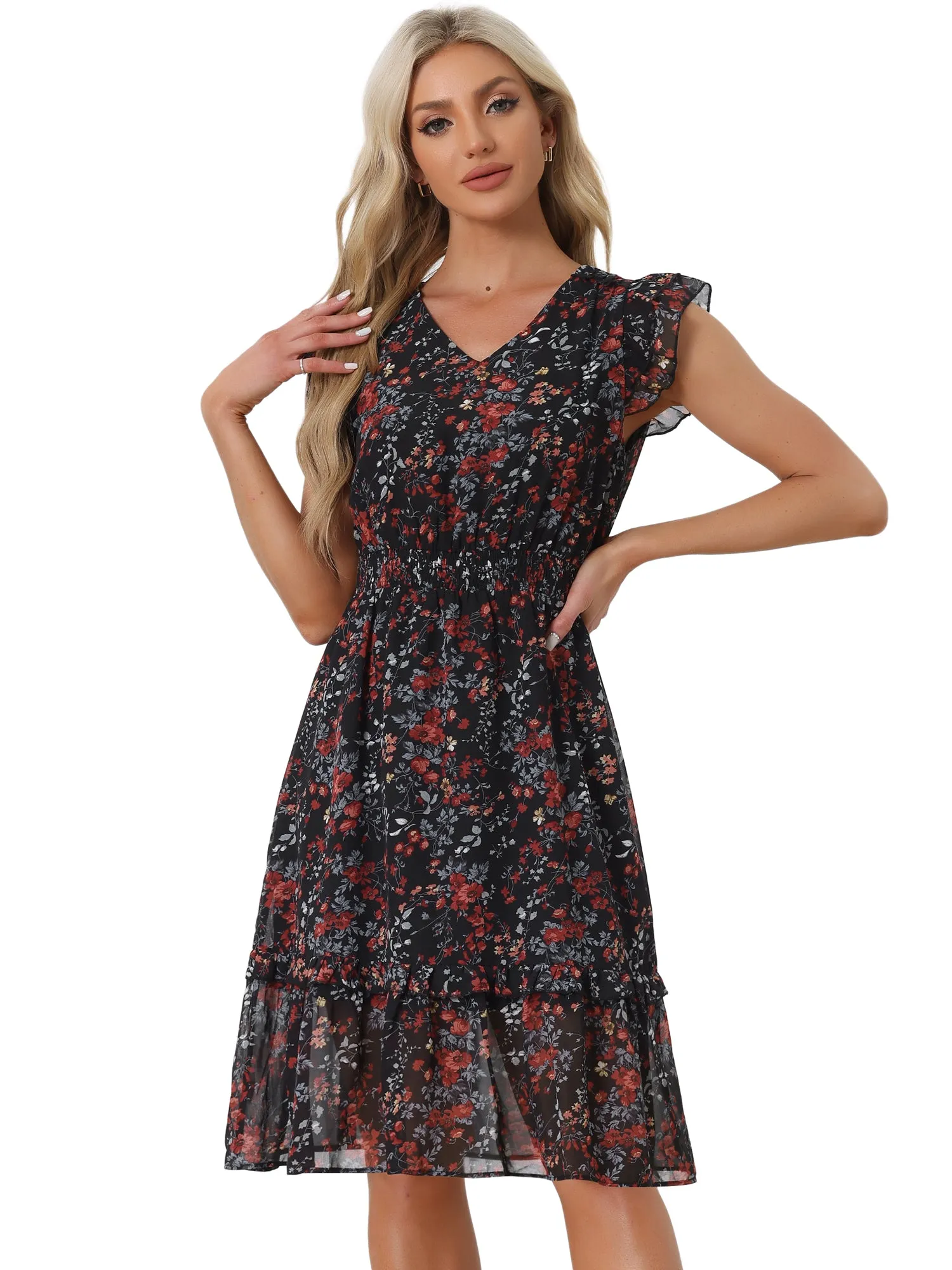 Floral Flutter Sleeve V Neck Smocked Ruffle Dress