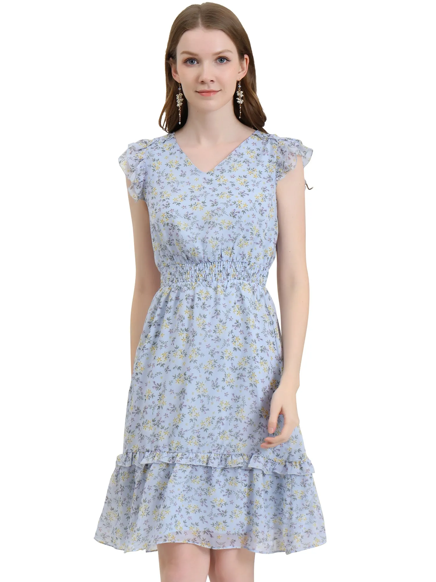 Floral Flutter Sleeve V Neck Smocked Ruffle Dress