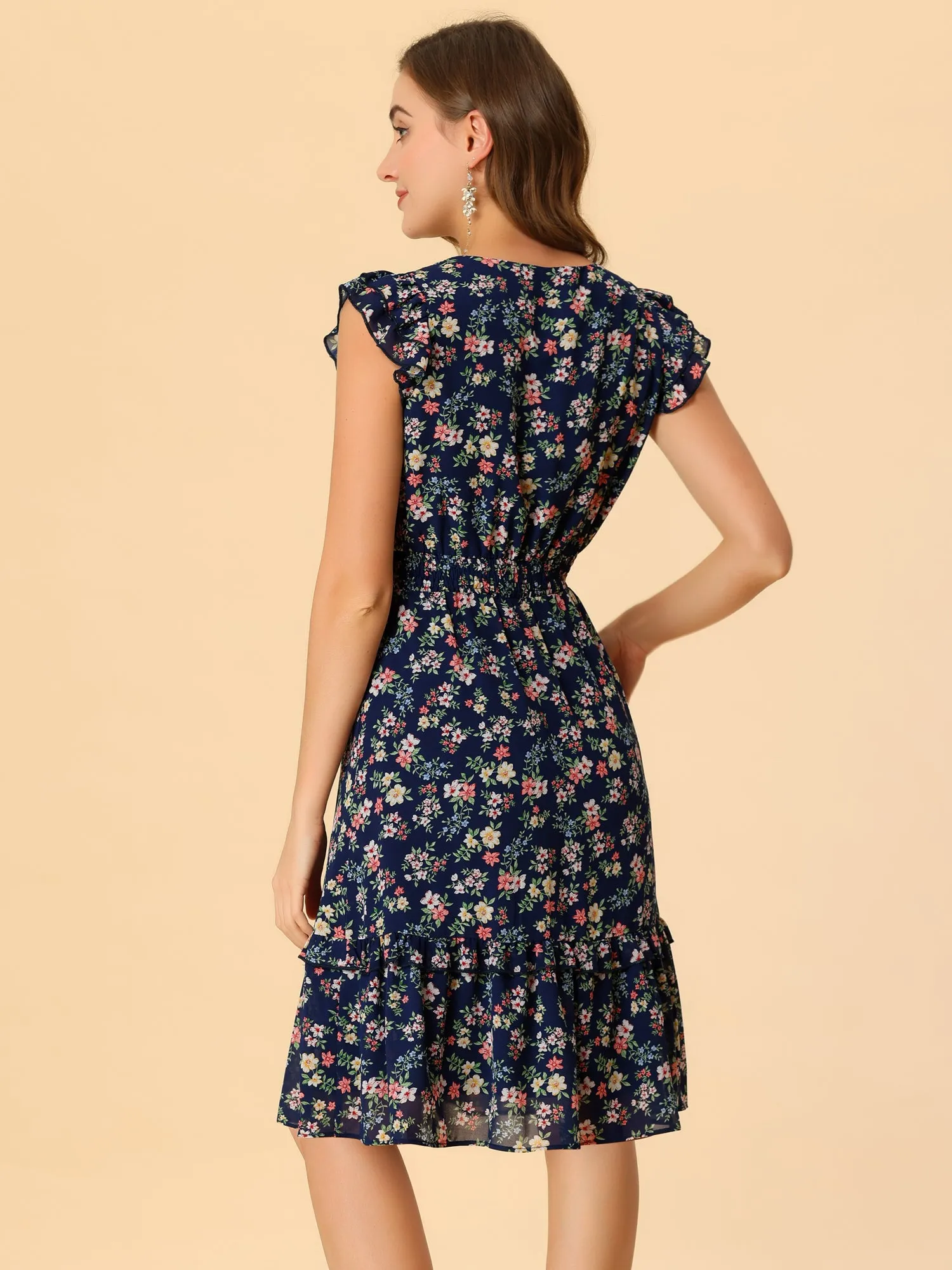 Floral Flutter Sleeve V Neck Smocked Ruffle Dress