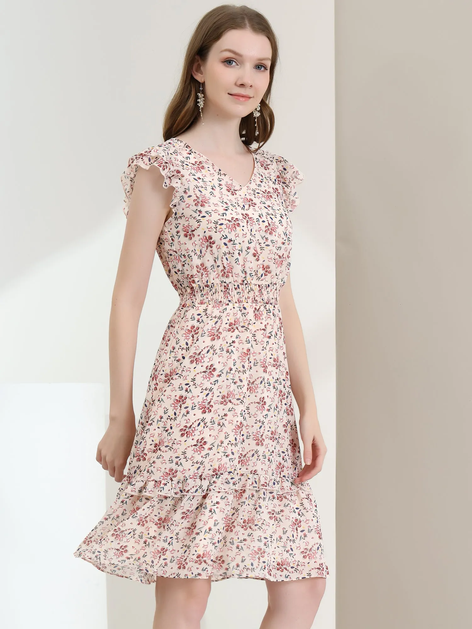 Floral Flutter Sleeve V Neck Smocked Ruffle Dress