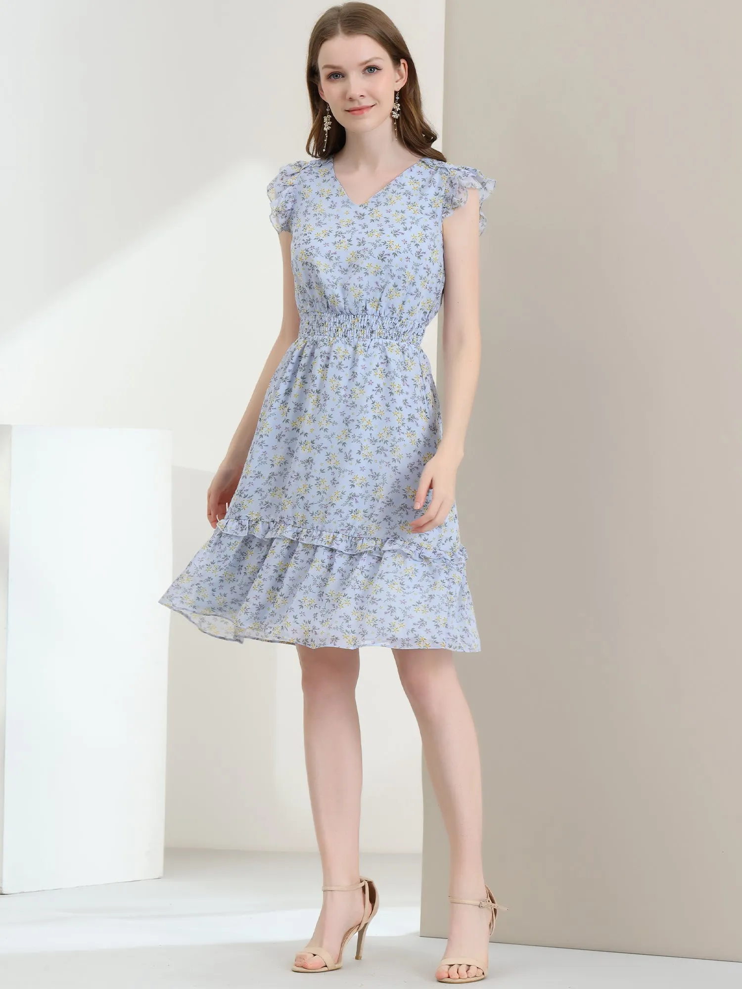 Floral Flutter Sleeve V Neck Smocked Ruffle Dress