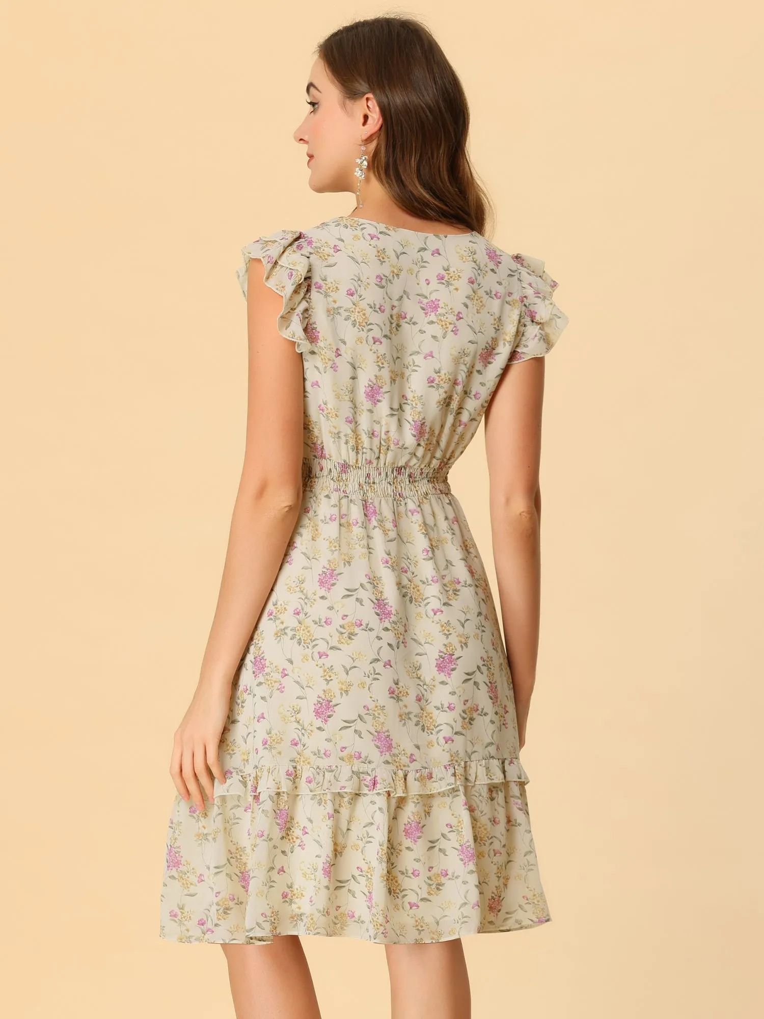Floral Flutter Sleeve V Neck Smocked Ruffle Dress