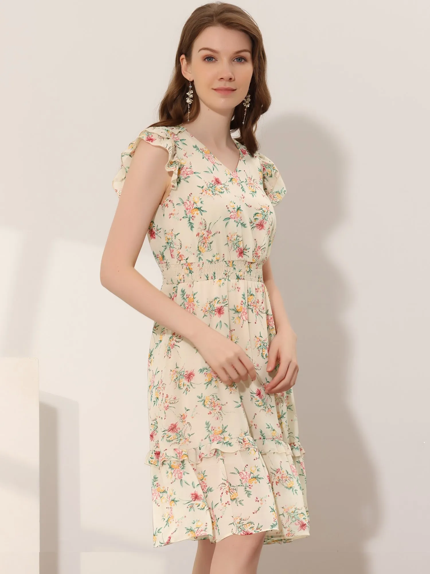 Floral Flutter Sleeve V Neck Smocked Ruffle Dress