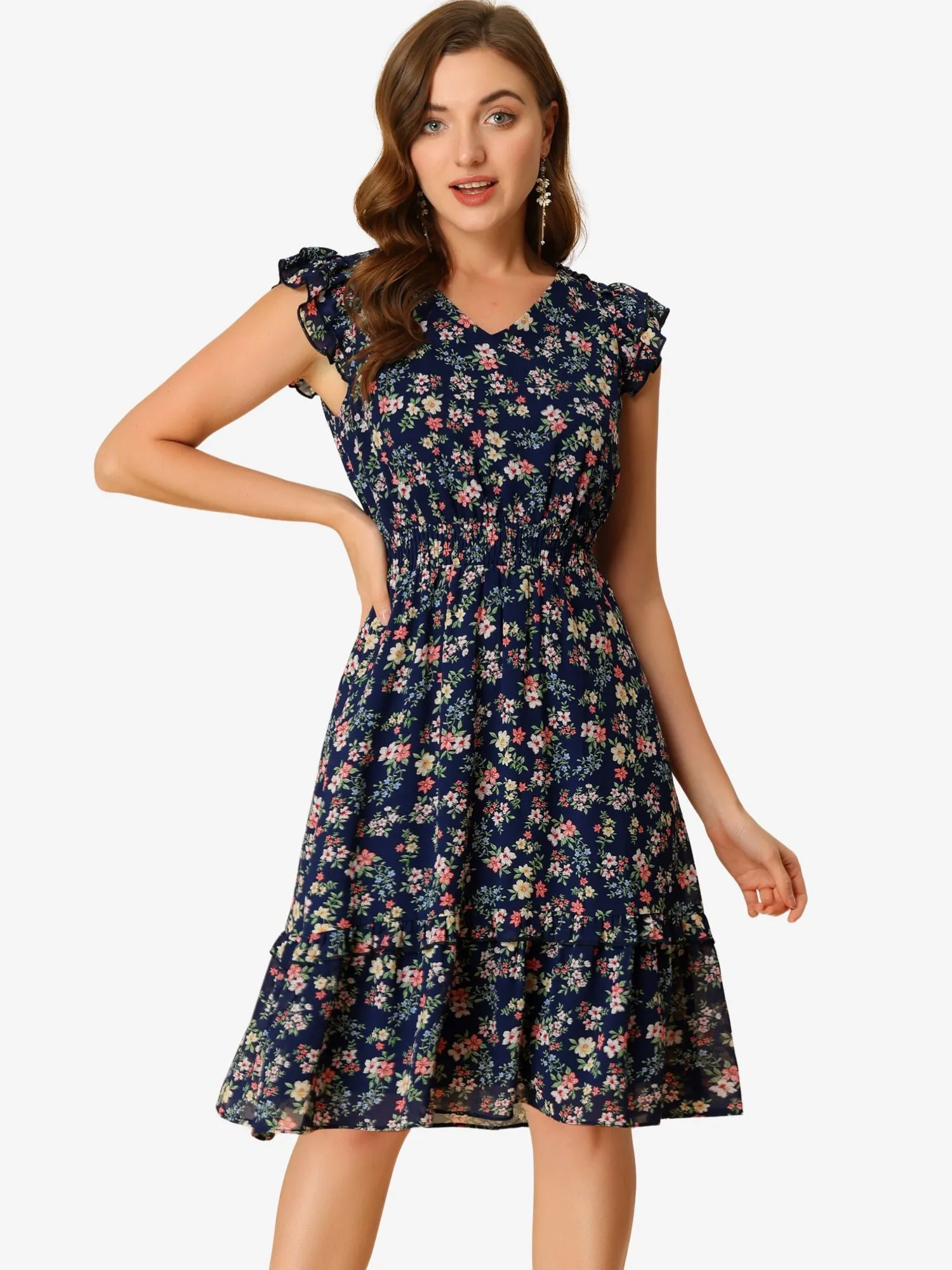 Floral Flutter Sleeve V Neck Smocked Ruffle Dress
