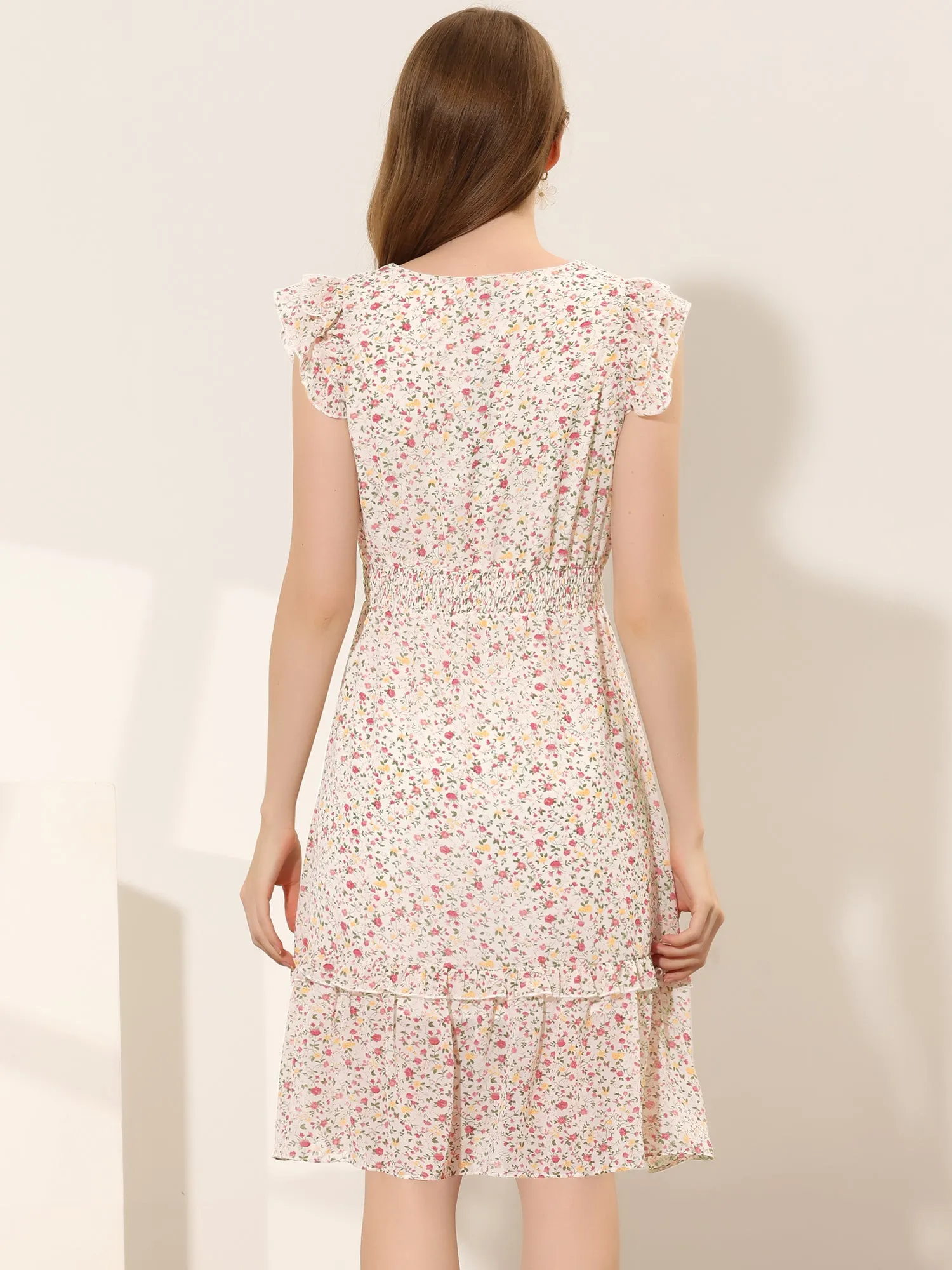 Floral Flutter Sleeve V Neck Smocked Ruffle Dress