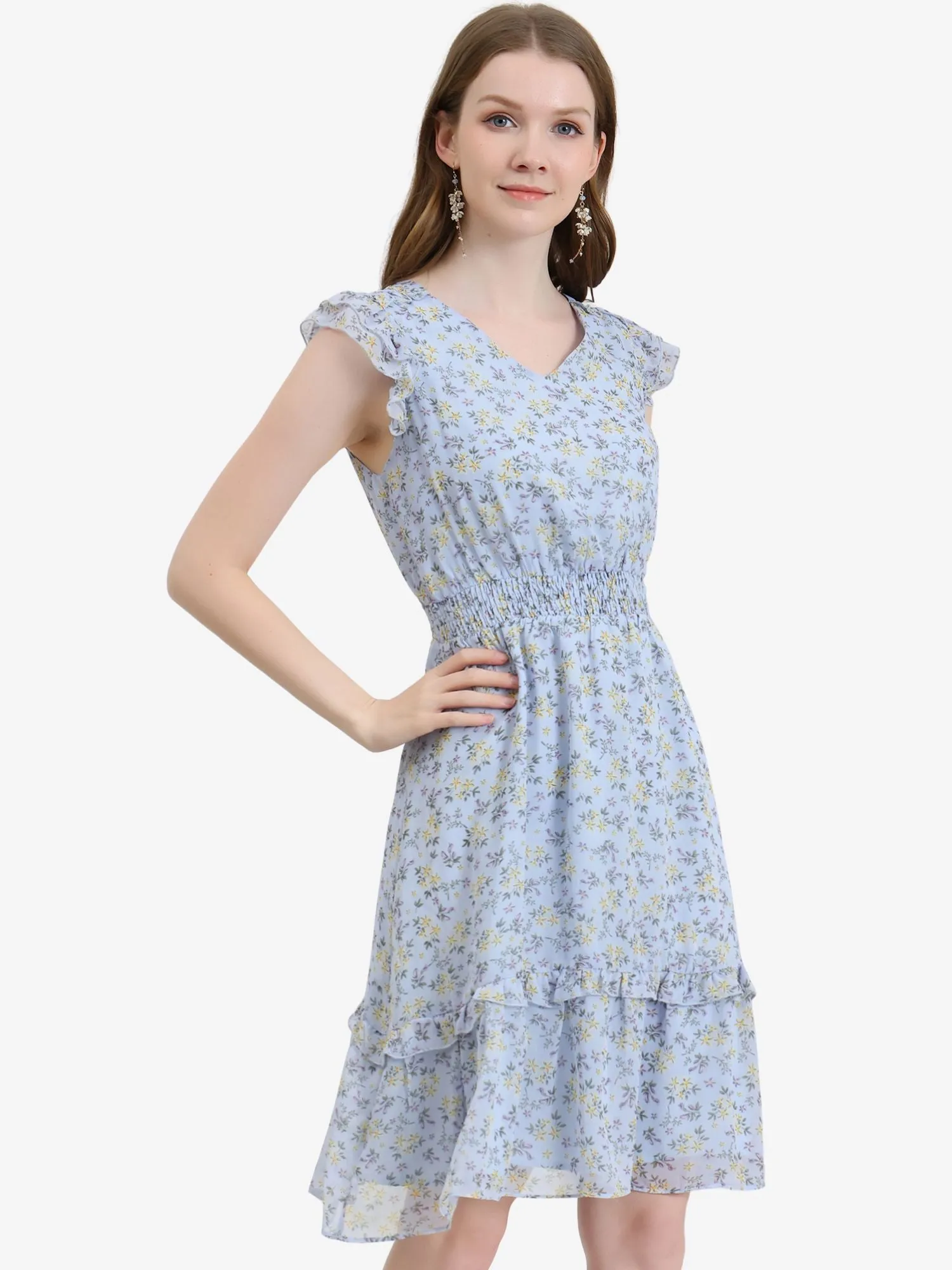 Floral Flutter Sleeve V Neck Smocked Ruffle Dress
