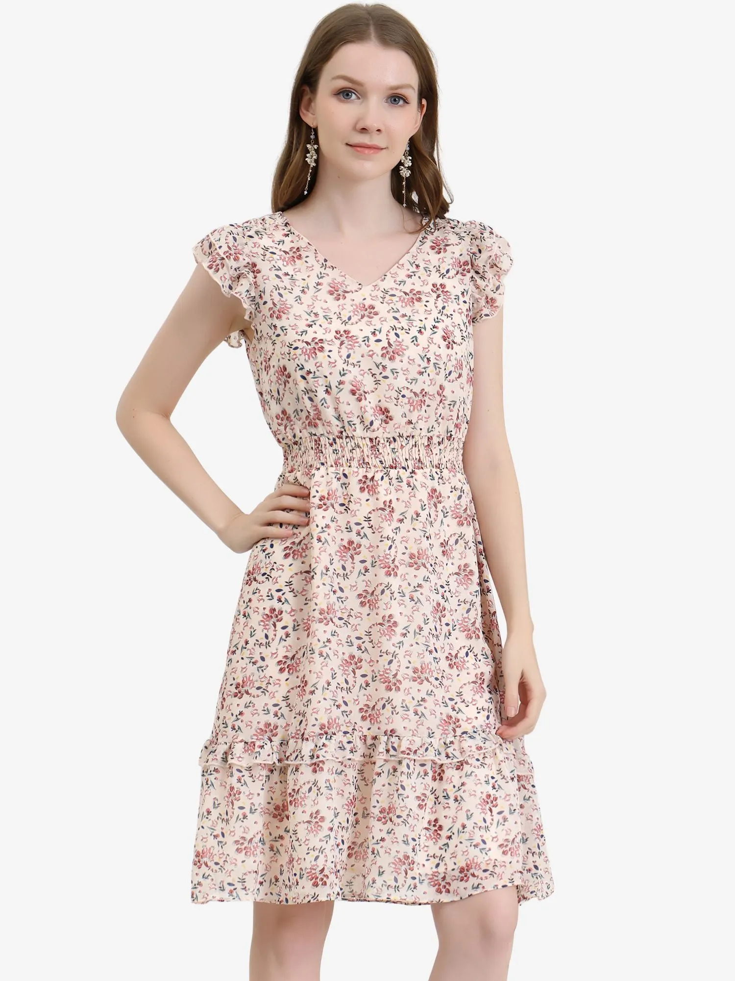 Floral Flutter Sleeve V Neck Smocked Ruffle Dress