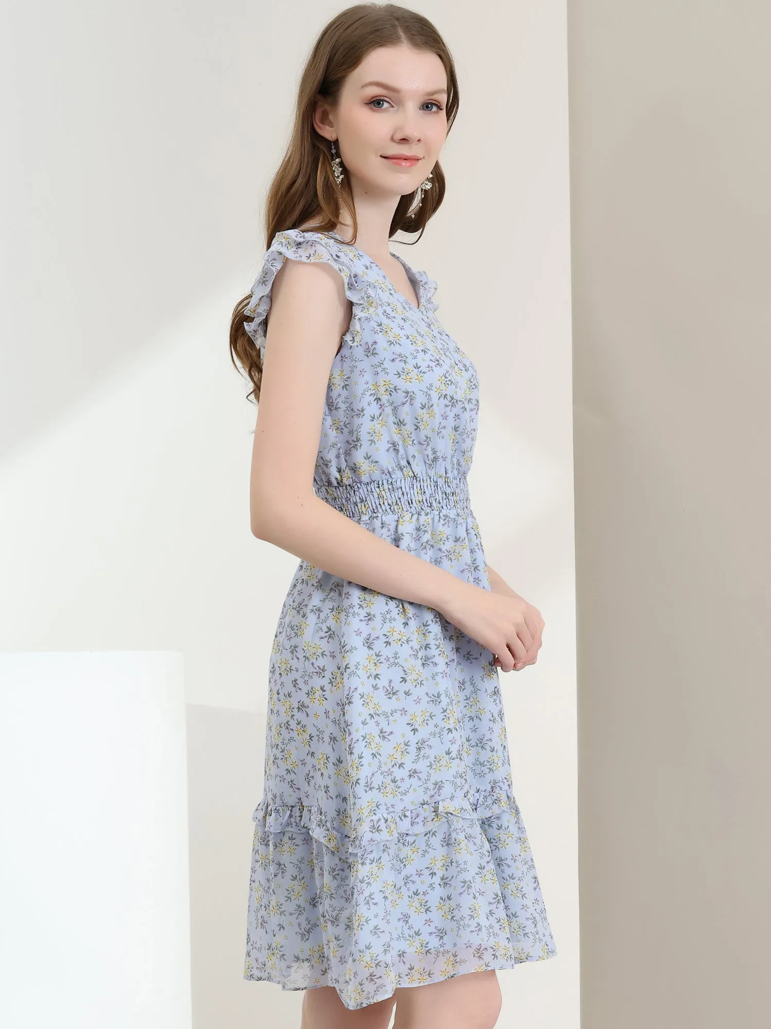 Floral Flutter Sleeve V Neck Smocked Ruffle Dress
