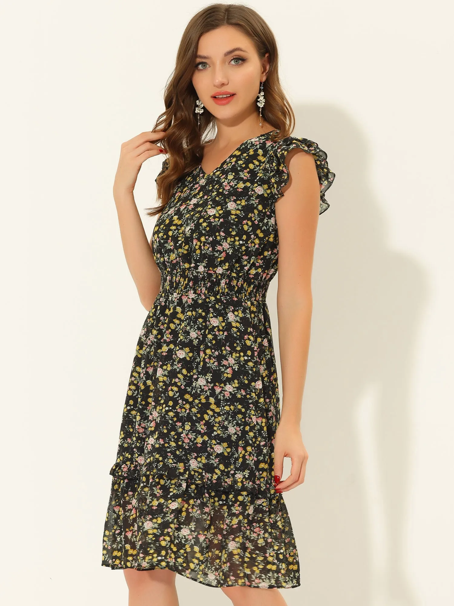 Floral Flutter Sleeve V Neck Smocked Ruffle Dress