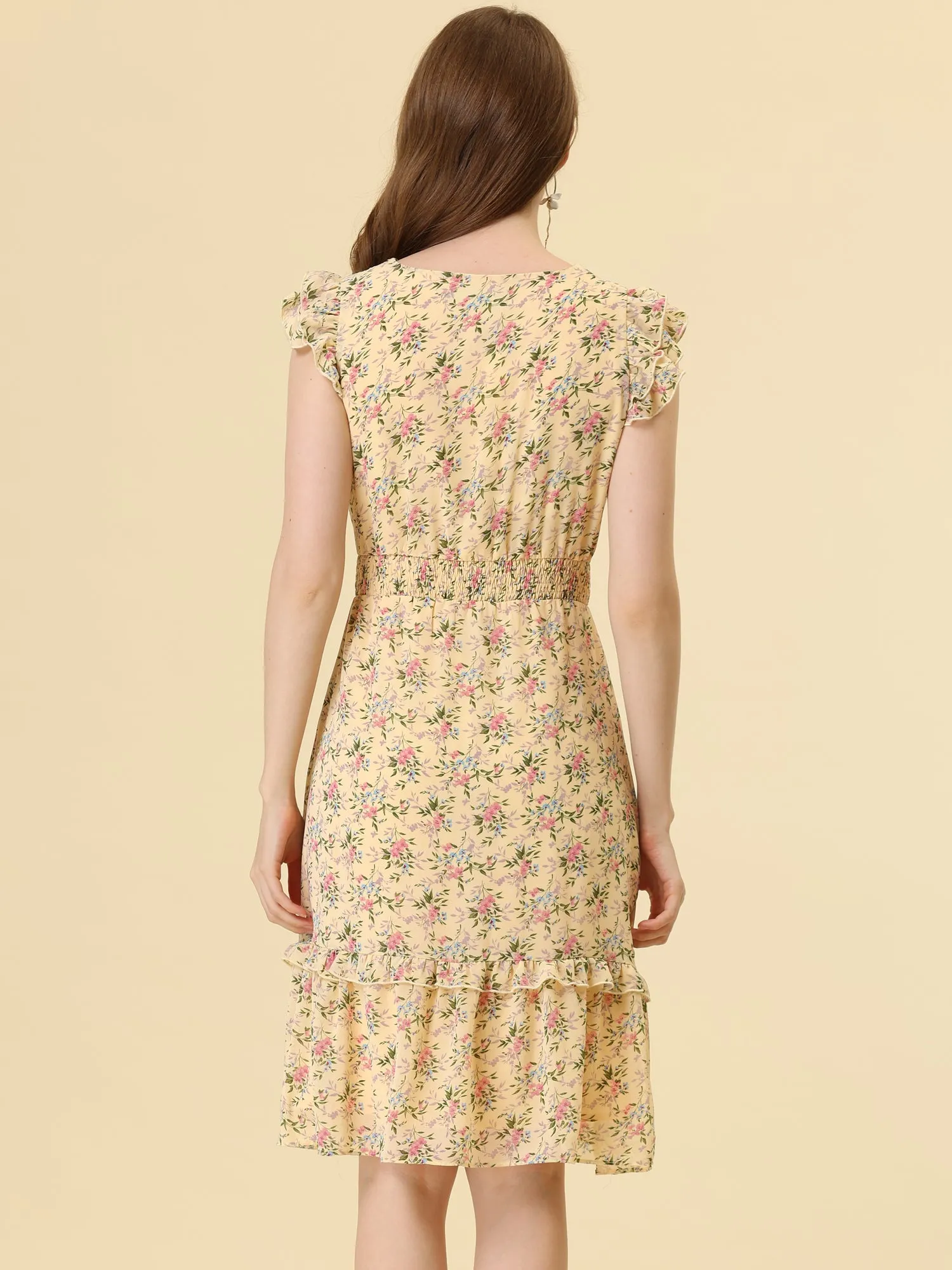 Floral Flutter Sleeve V Neck Smocked Ruffle Dress
