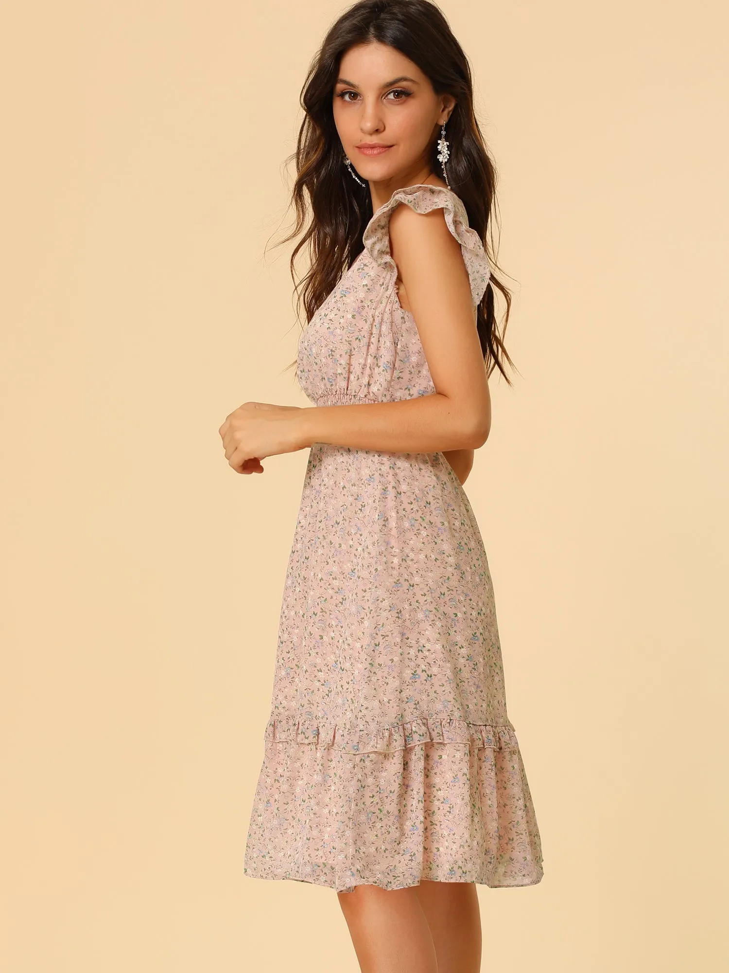Floral Flutter Sleeve V Neck Smocked Ruffle Dress