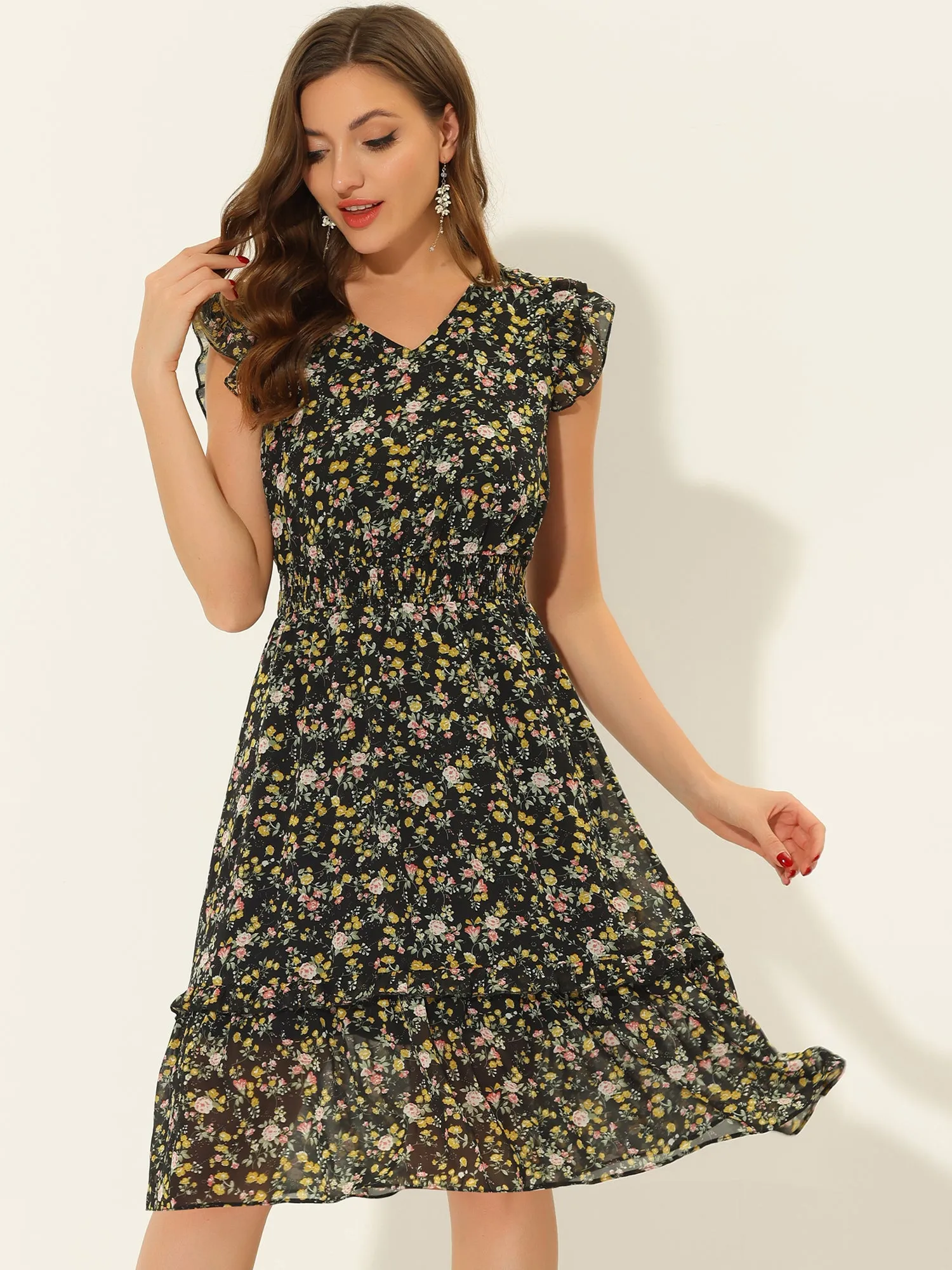 Floral Flutter Sleeve V Neck Smocked Ruffle Dress