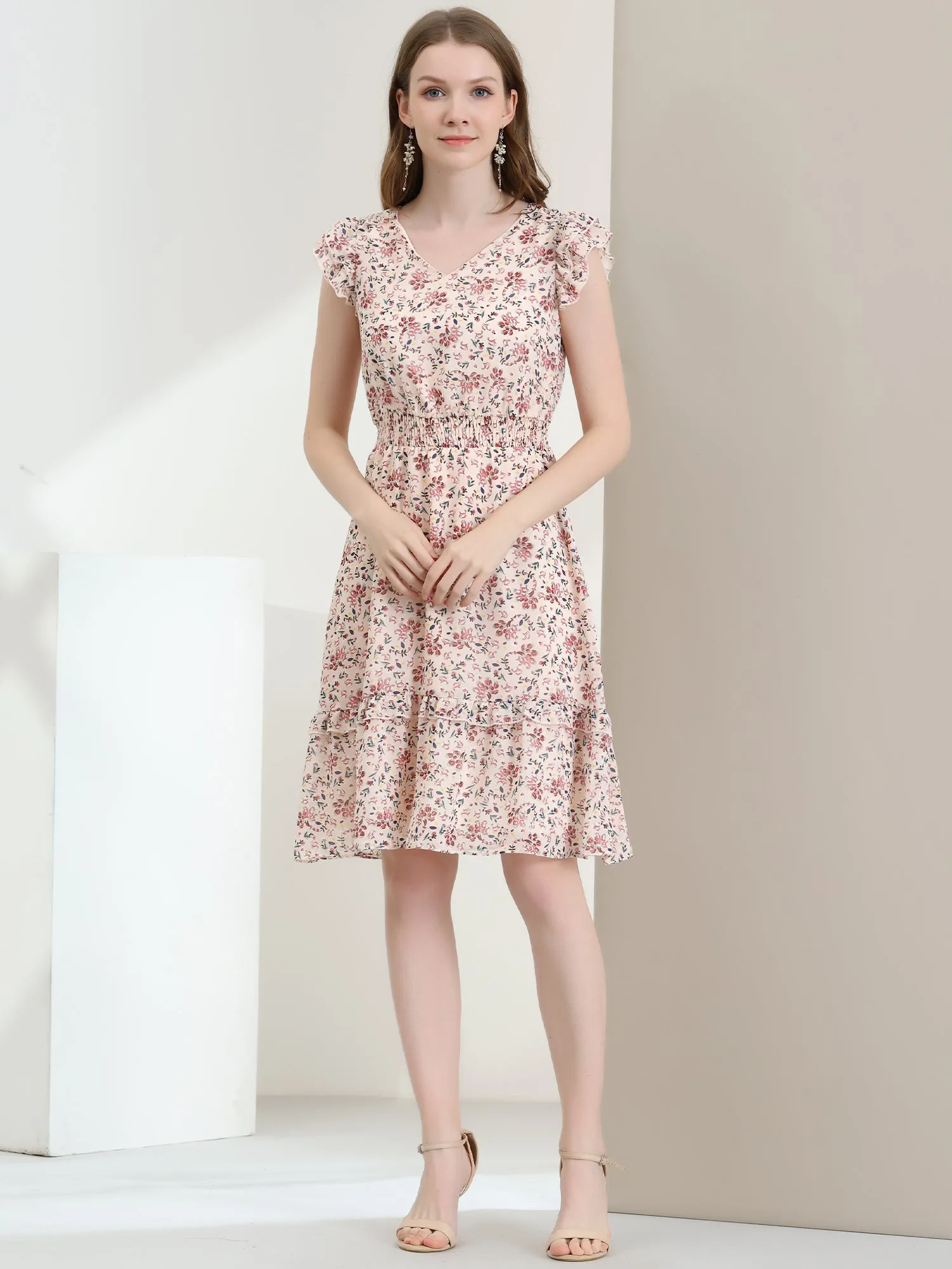 Floral Flutter Sleeve V Neck Smocked Ruffle Dress