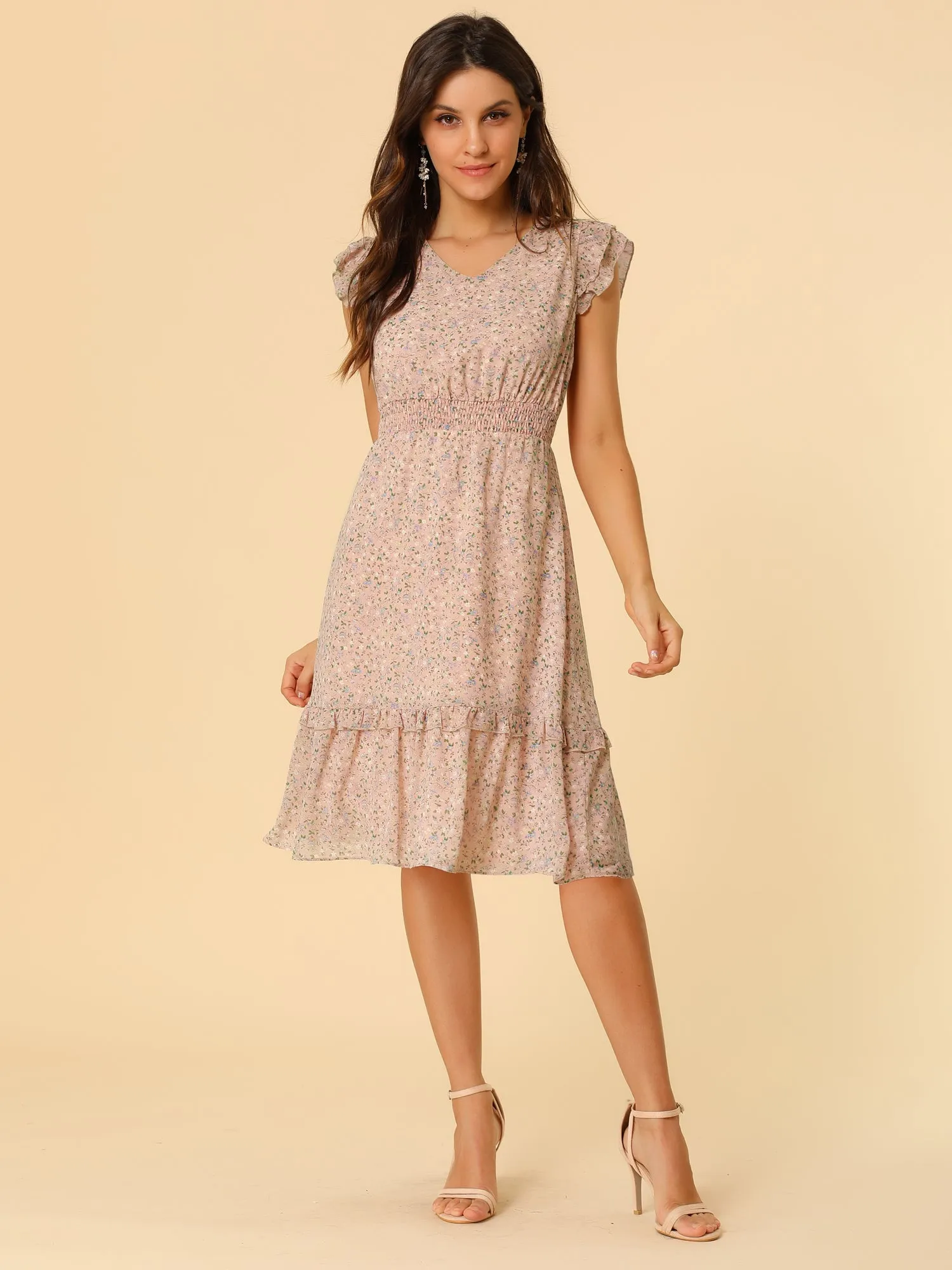 Floral Flutter Sleeve V Neck Smocked Ruffle Dress