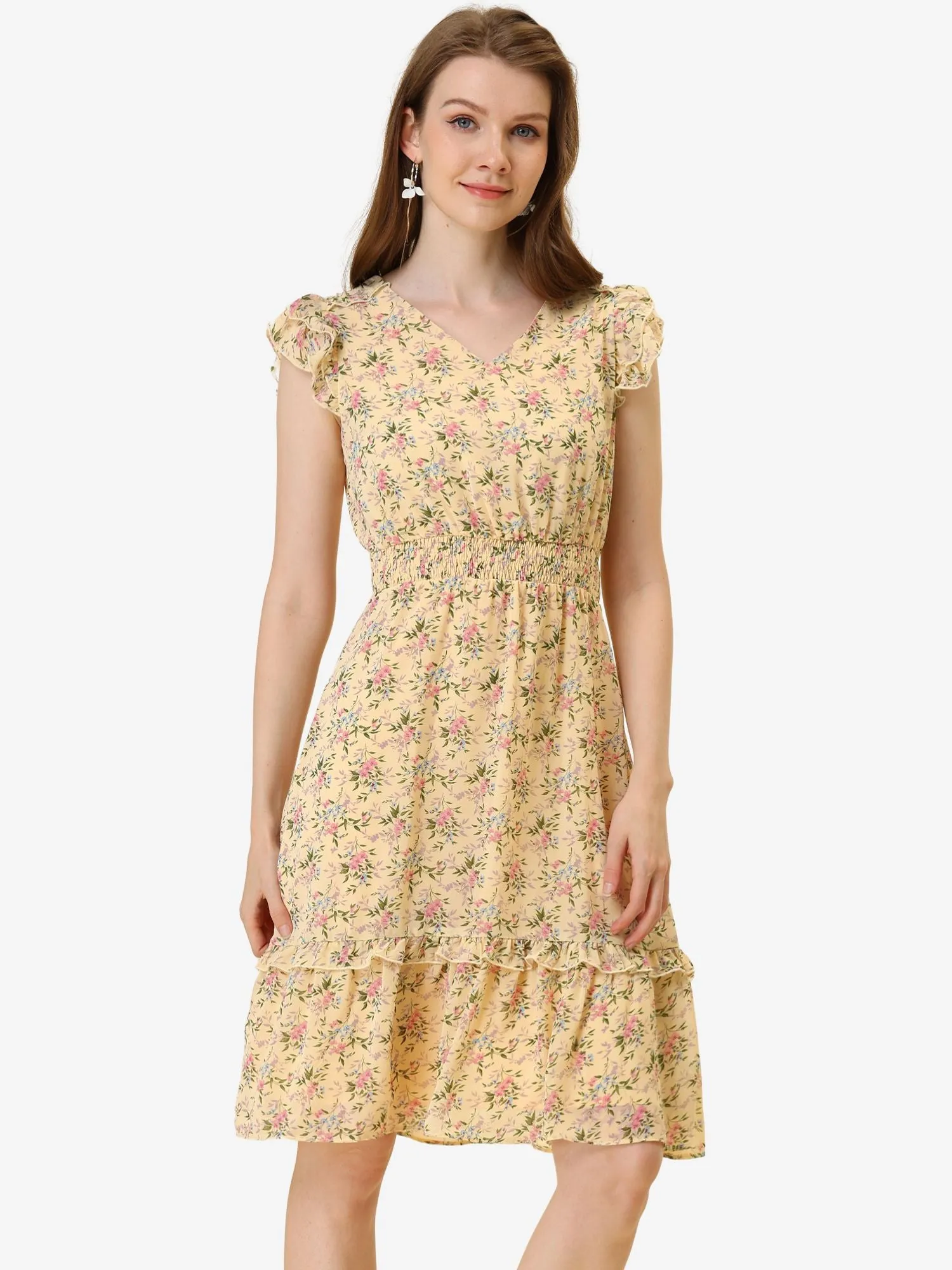 Floral Flutter Sleeve V Neck Smocked Ruffle Dress