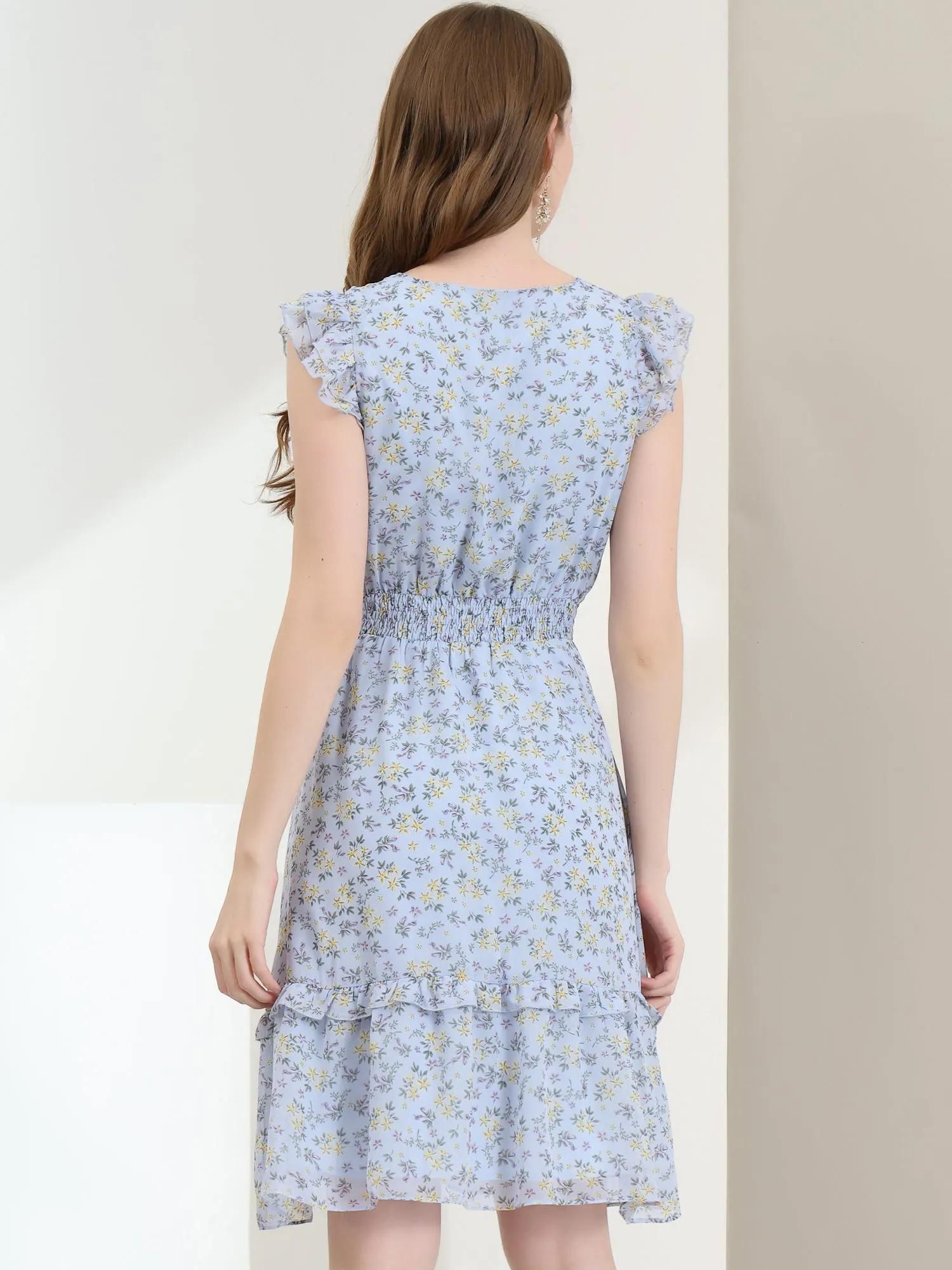 Floral Flutter Sleeve V Neck Smocked Ruffle Dress
