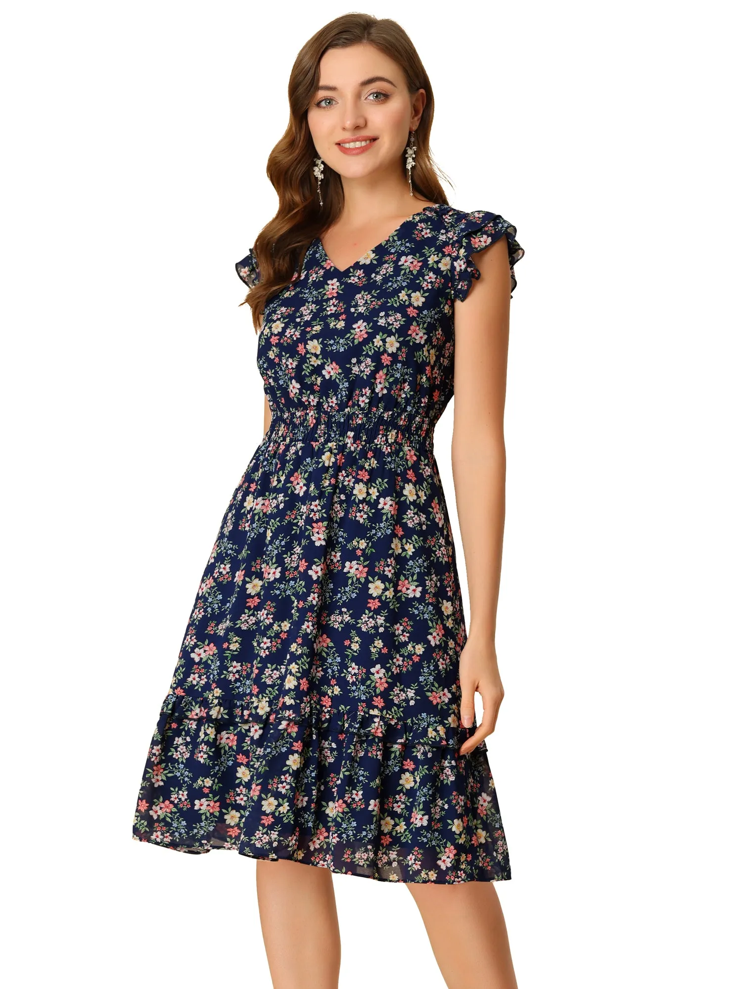 Floral Flutter Sleeve V Neck Smocked Ruffle Dress