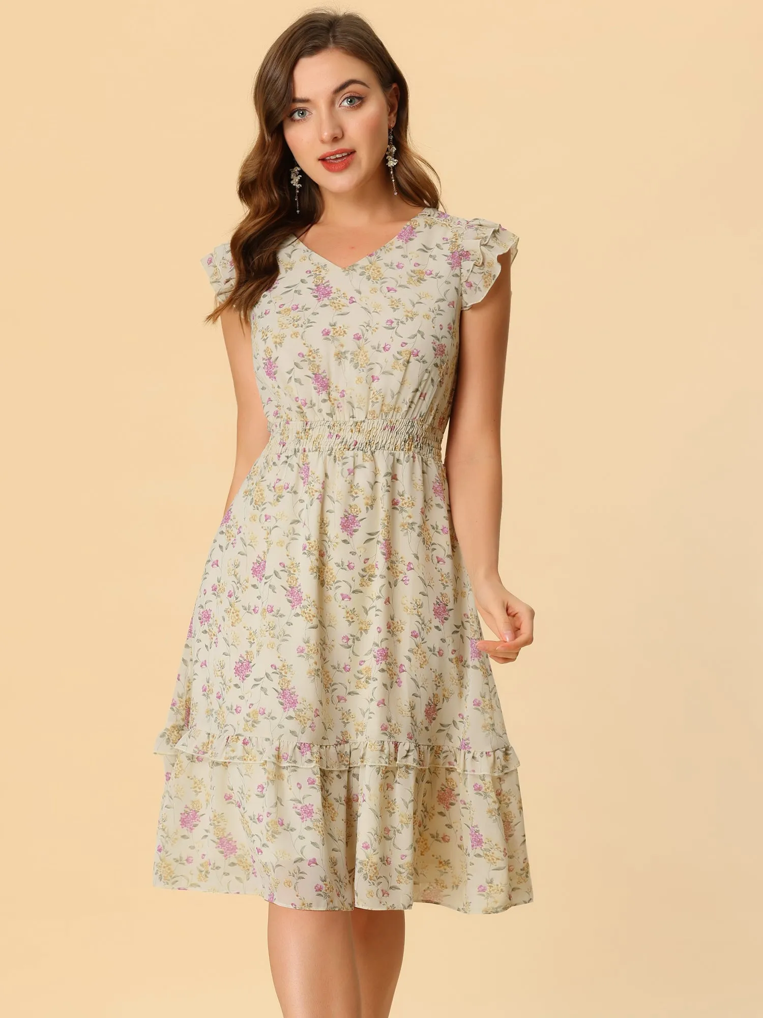 Floral Flutter Sleeve V Neck Smocked Ruffle Dress