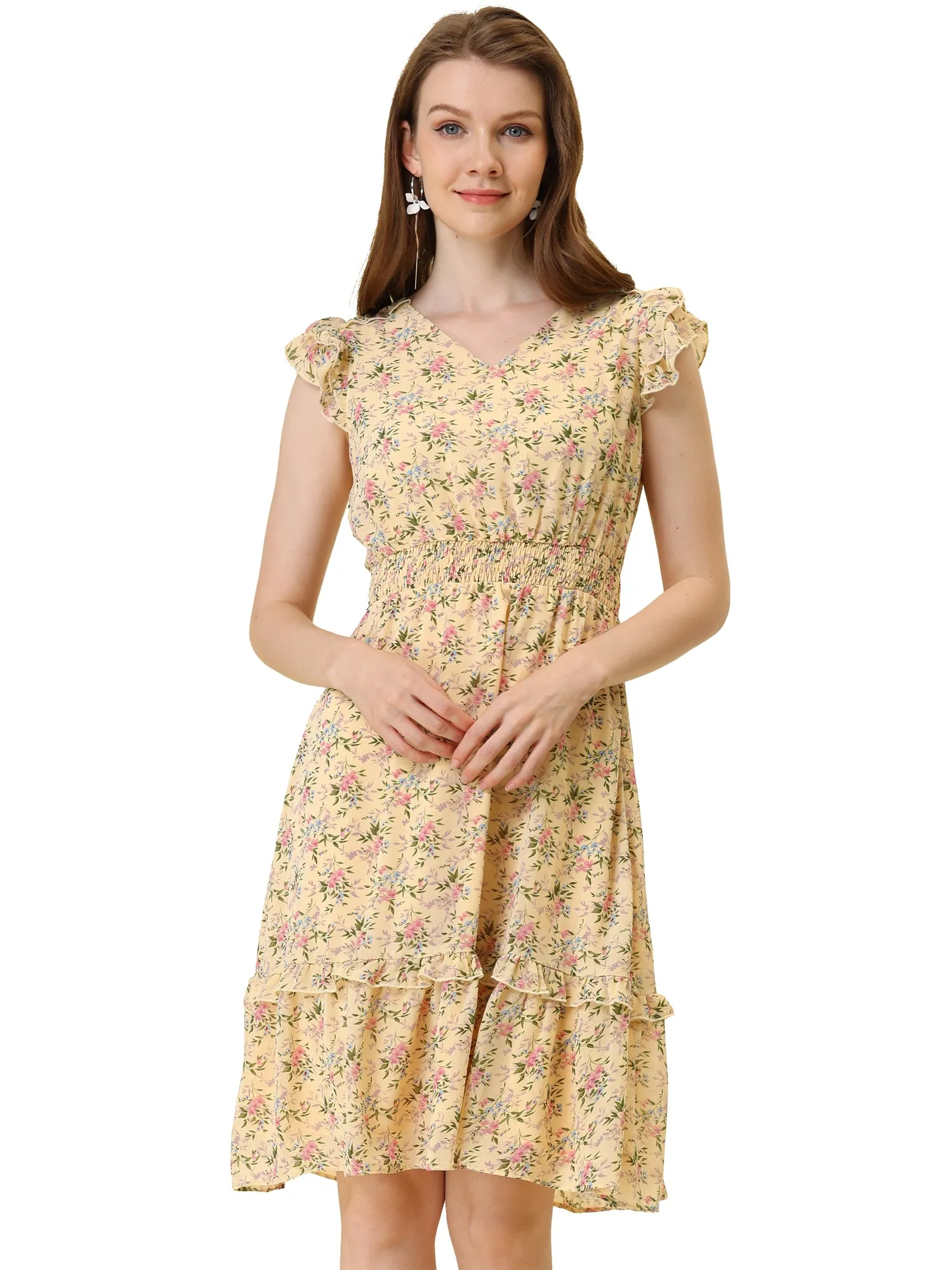 Floral Flutter Sleeve V Neck Smocked Ruffle Dress
