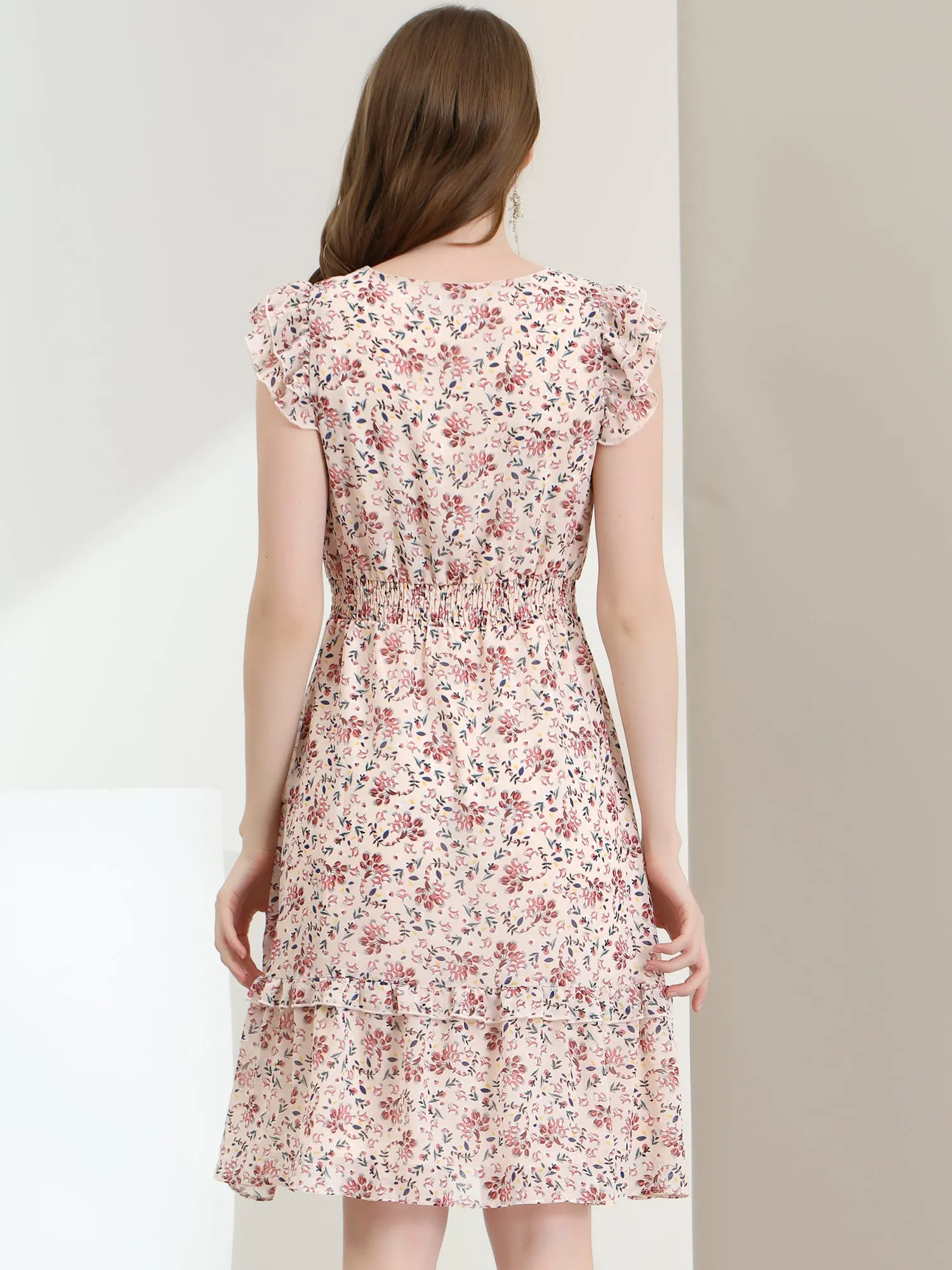 Floral Flutter Sleeve V Neck Smocked Ruffle Dress