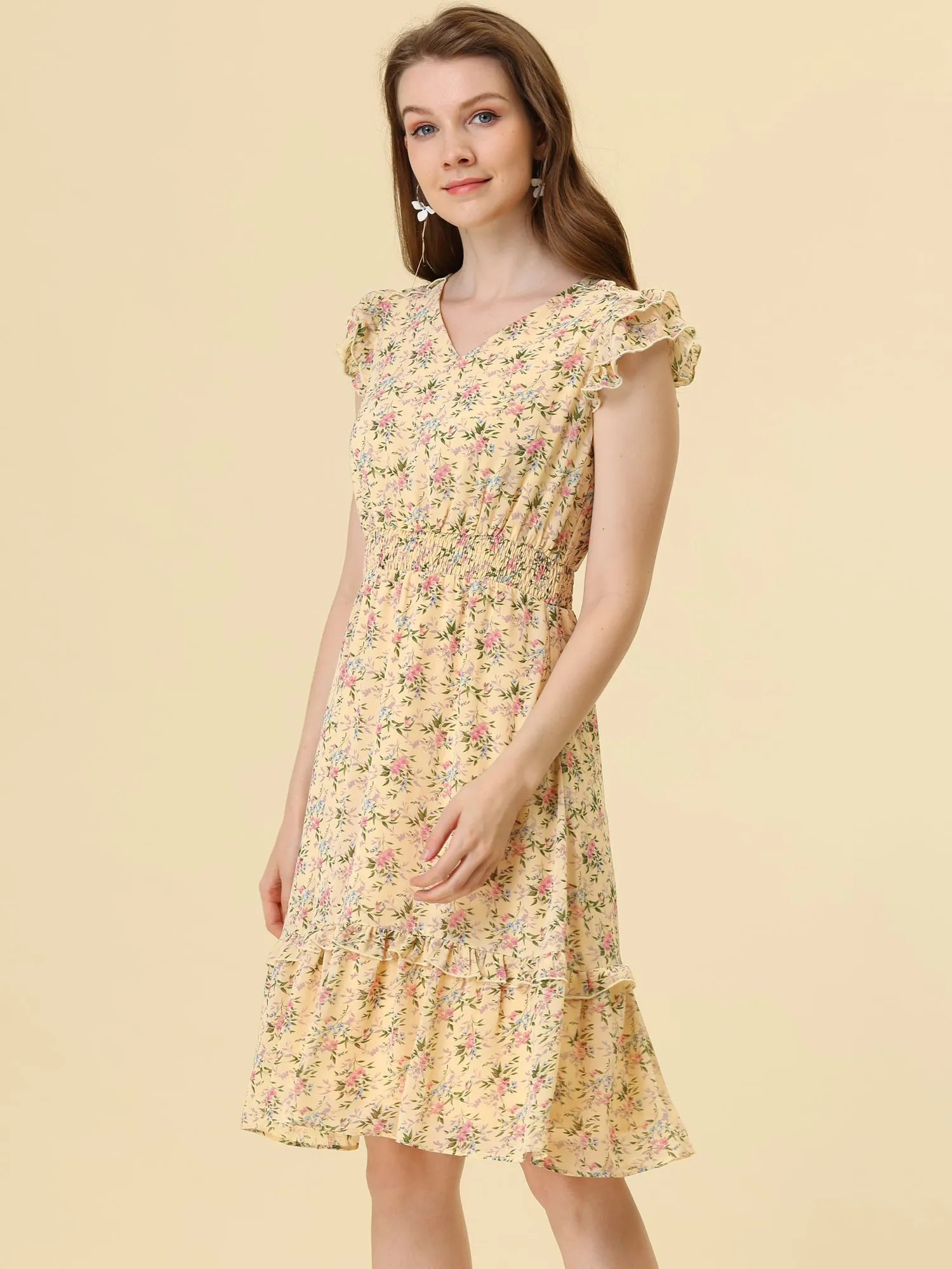 Floral Flutter Sleeve V Neck Smocked Ruffle Dress
