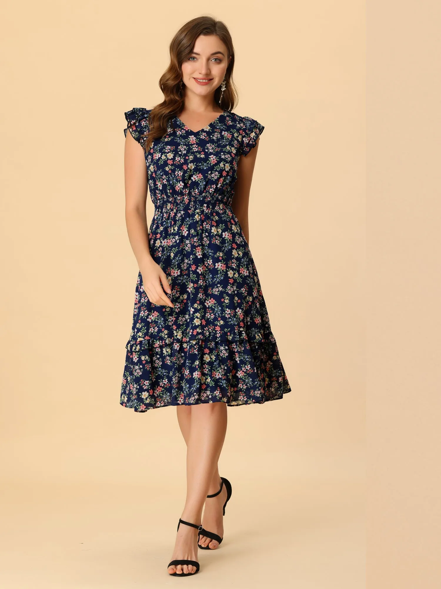 Floral Flutter Sleeve V Neck Smocked Ruffle Dress