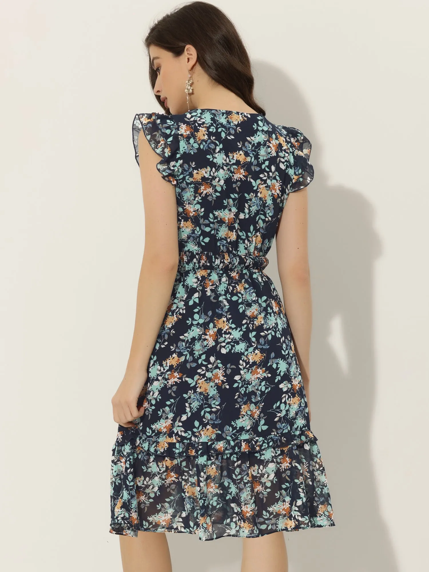 Floral Flutter Sleeve V Neck Smocked Ruffle Dress